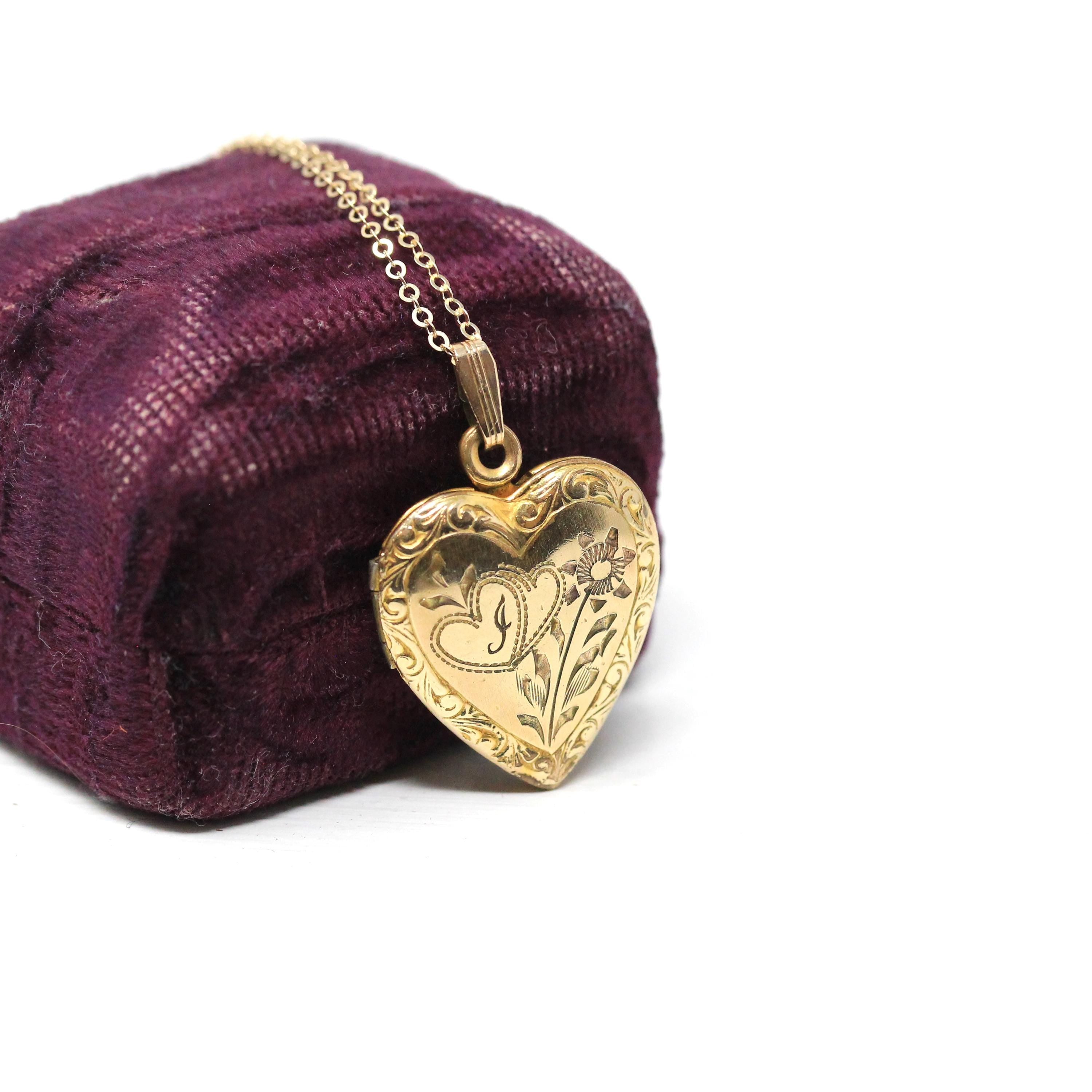 Vintage "J" Heart Locket - Retro Gold Filled Love Floral Pendant Love Initial Letter Necklace - Vintage Circa 1940s Era Flower Photo Jewelry