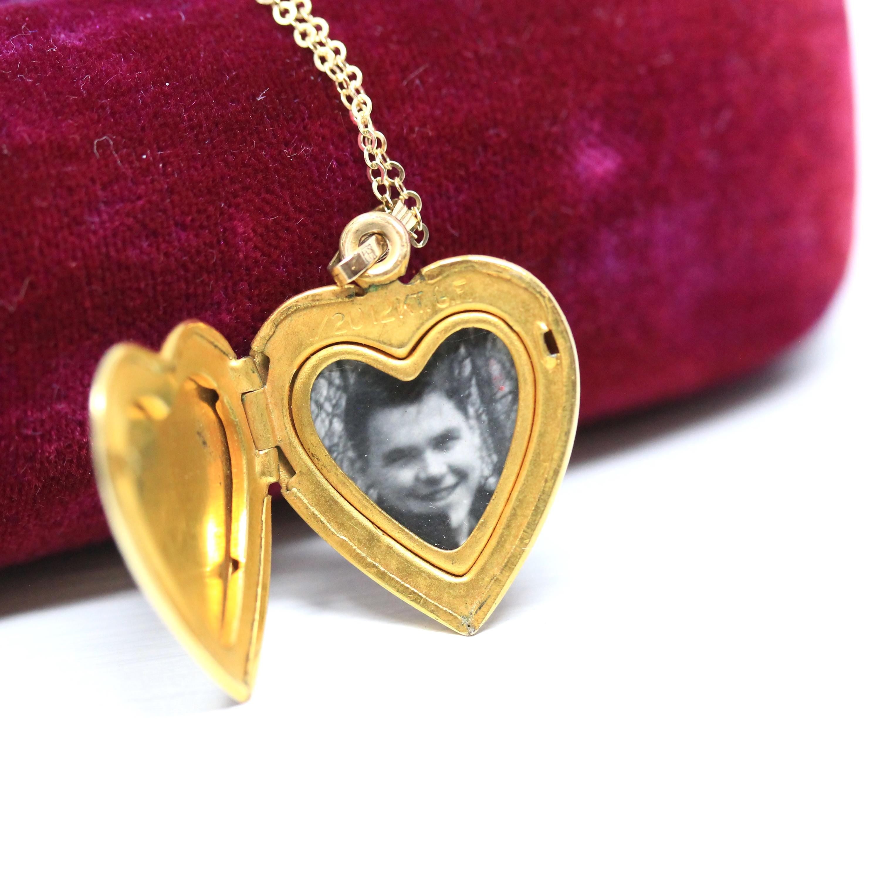 Vintage "J" Heart Locket - Retro Gold Filled Love Floral Pendant Love Initial Letter Necklace - Vintage Circa 1940s Era Flower Photo Jewelry