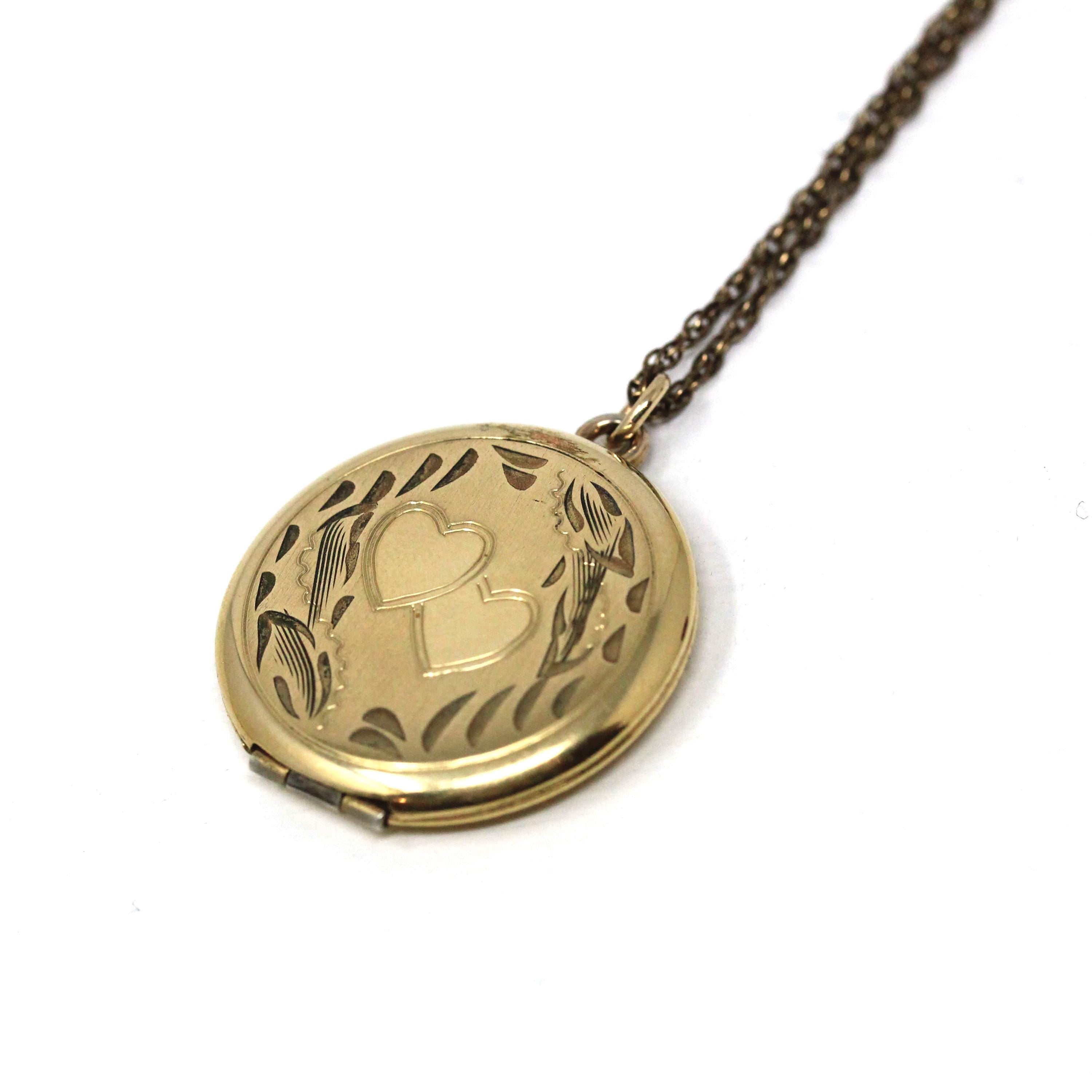 Vintage Photo Locket - Retro 12k Gold Filled Double Heart Floral Pendant Necklace Charm - Circa 1960s Statement Keepsake Photograph Jewelry