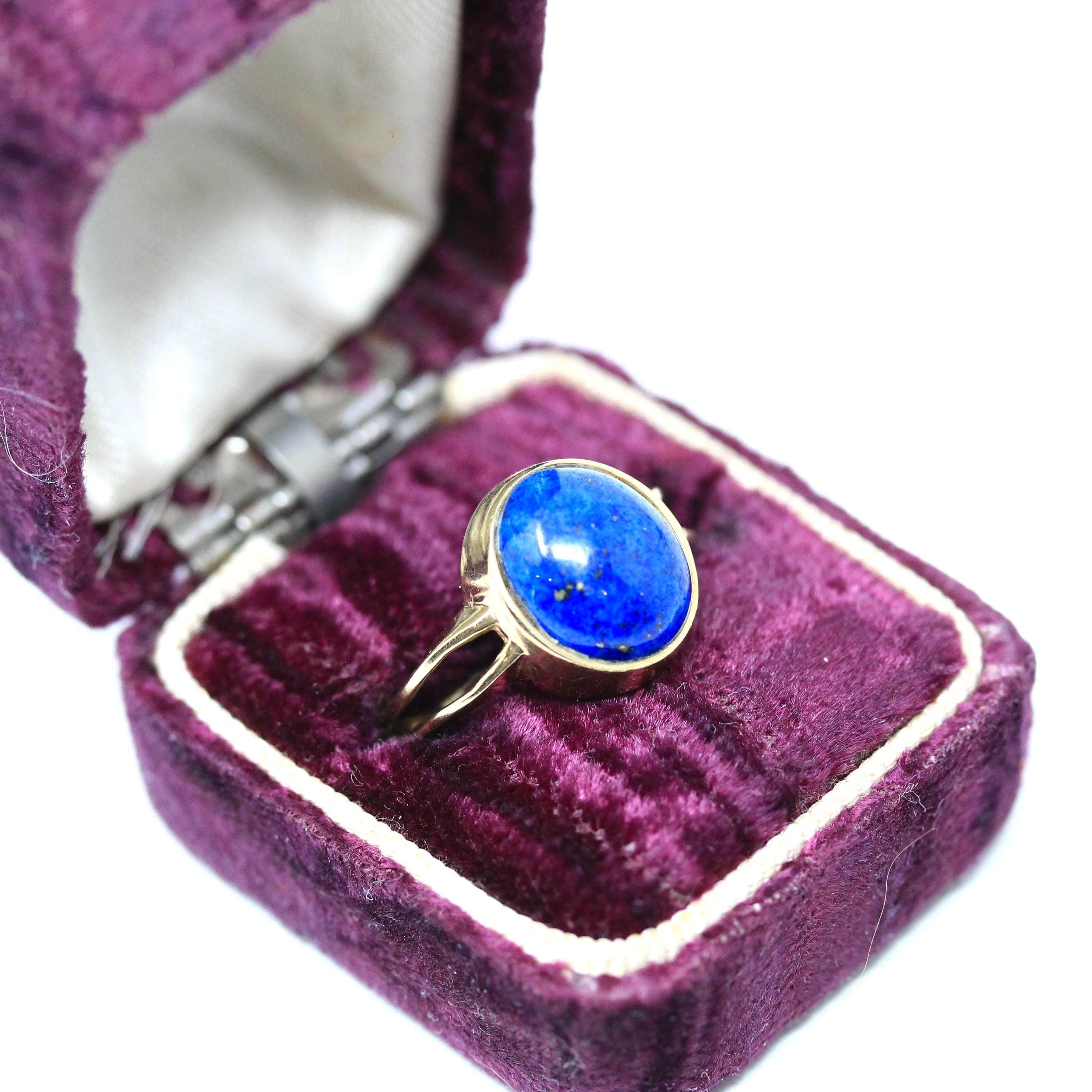Retro Lapis Lazuli Ring - Vintage 10k Yellow Gold Dark Blue Round Cabochon Gemstone - Circa 1960s Era Size 6 3/4 Fine Statement Jewelry