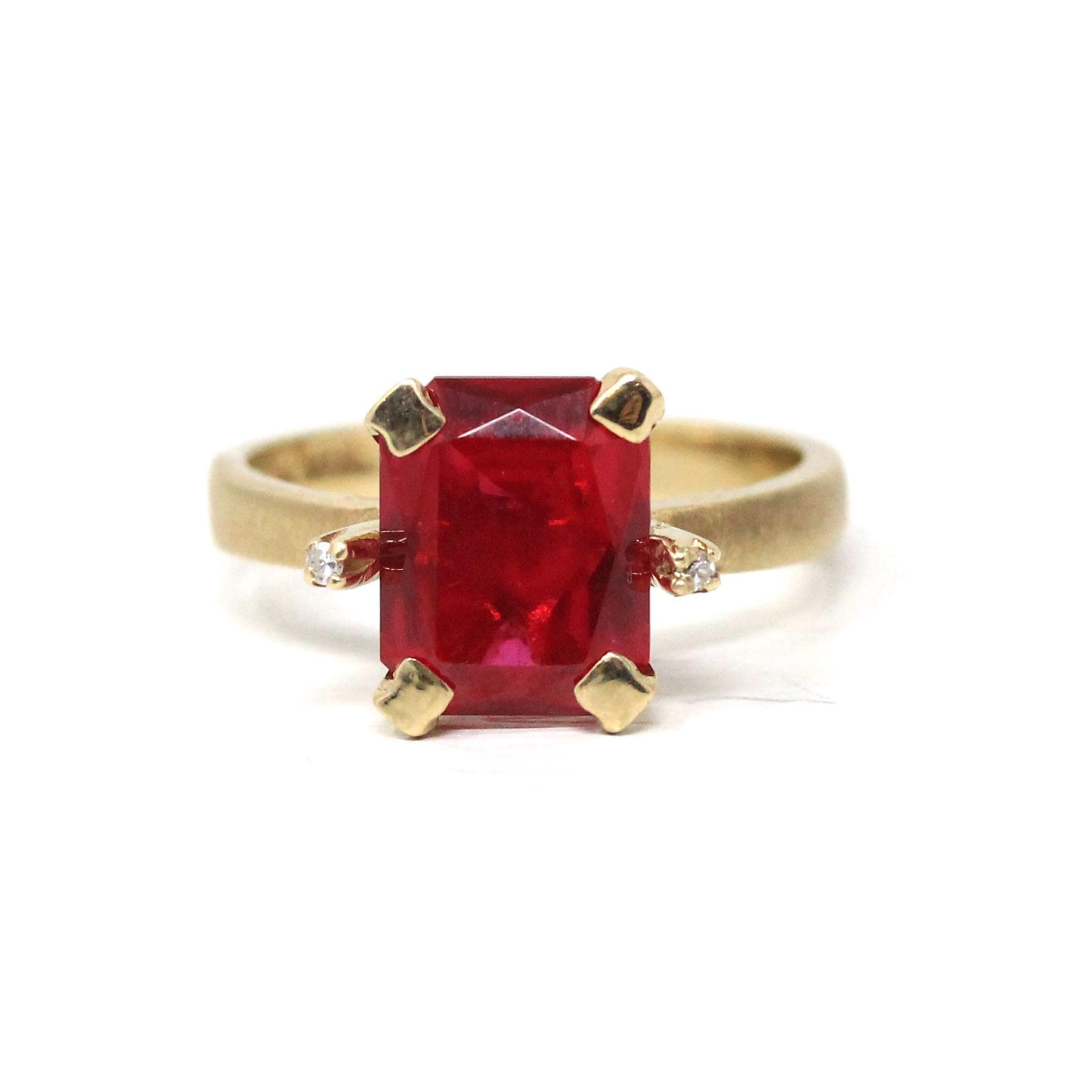 Created Ruby Ring - Retro Era 10k Yellow Gold Created Red Stone & Diamond Gemstones - Circa 1940s Size 6 1/2 Vintage Fine Statement Jewelry