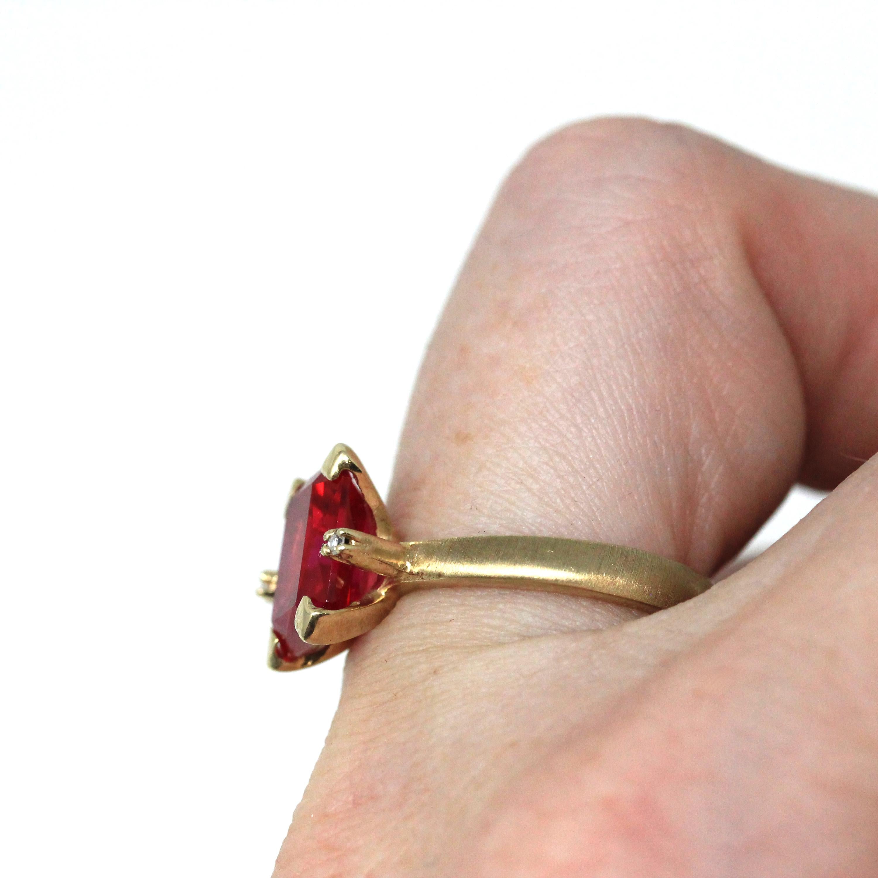 Created Ruby Ring - Retro Era 10k Yellow Gold Created Red Stone & Diamond Gemstones - Circa 1940s Size 6 1/2 Vintage Fine Statement Jewelry
