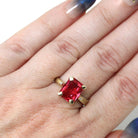 Created Ruby Ring - Retro Era 10k Yellow Gold Created Red Stone & Diamond Gemstones - Circa 1940s Size 6 1/2 Vintage Fine Statement Jewelry