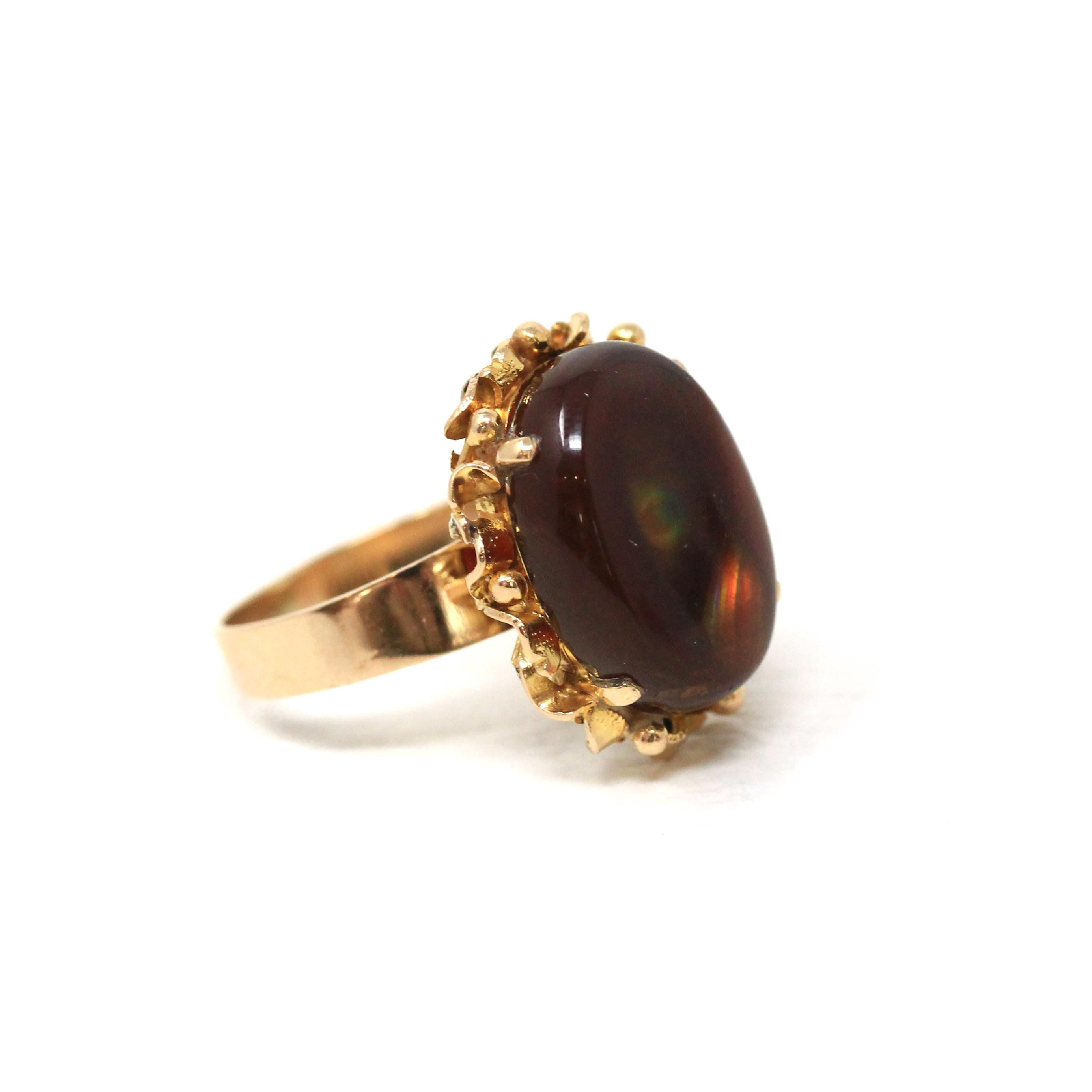 Vintage Fire Agate Ring - Retro 14k Yellow Gold Oval Iridescent Brown Gemstone - Circa 1970s Era Size 6 Unique Fine Statement 70s Jewelry