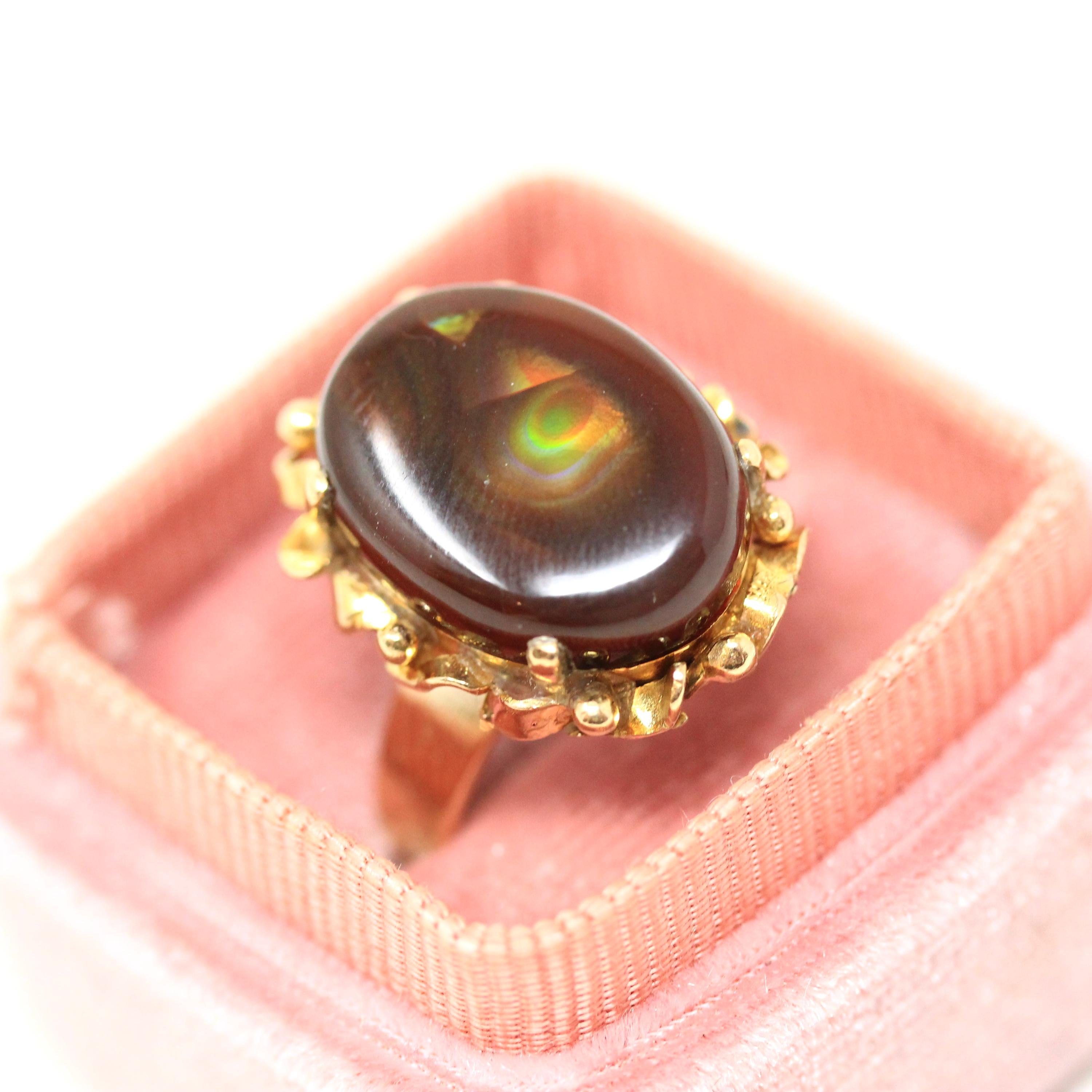 Vintage Fire Agate Ring - Retro 14k Yellow Gold Oval Iridescent Brown Gemstone - Circa 1970s Era Size 6 Unique Fine Statement 70s Jewelry