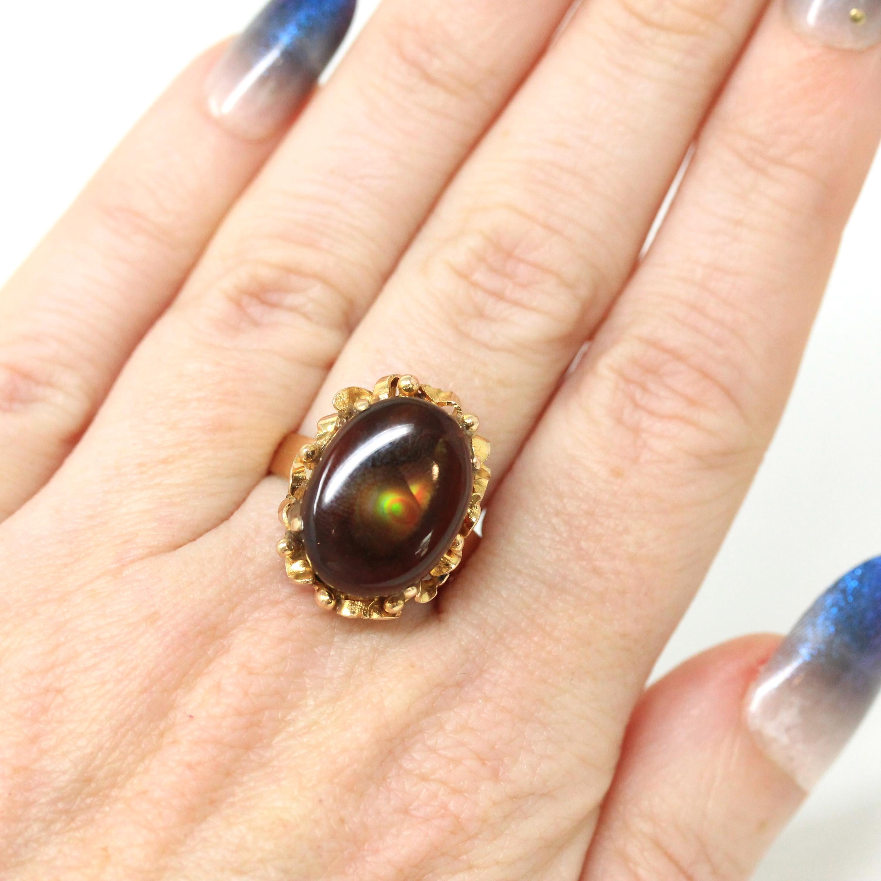 Vintage Fire Agate Ring - Retro 14k Yellow Gold Oval Iridescent Brown Gemstone - Circa 1970s Era Size 6 Unique Fine Statement 70s Jewelry