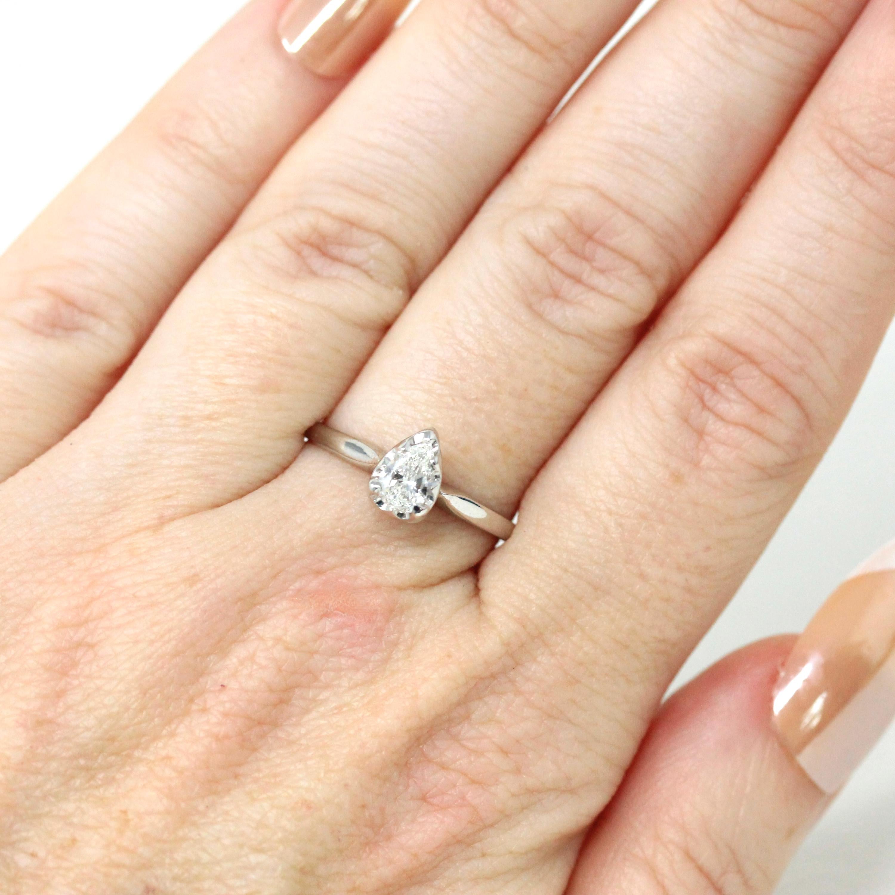 Vintage Diamond Ring - Retro 14k White Gold Pear Brilliant Cut .13 CT Gem - Circa 1960s Size 6.25 Solitaire Fine Bridal Engagement Jewelry