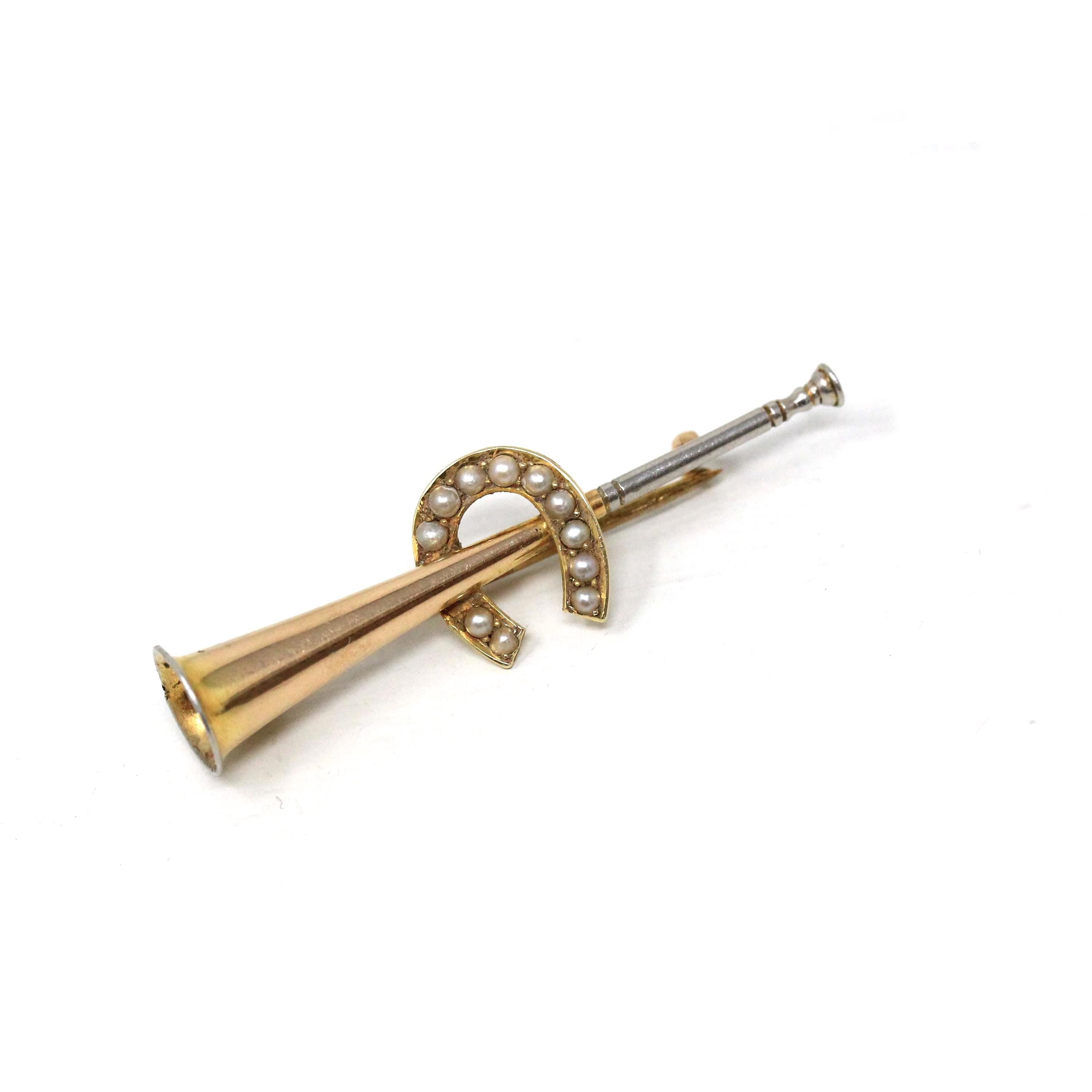 Antique Equestrian Brooch - Edwardian 15k Yellow Gold & Platinum Hunting Horn And Seed Pearl Horseshoe Pin - Circa 1900s Statement Jewelry
