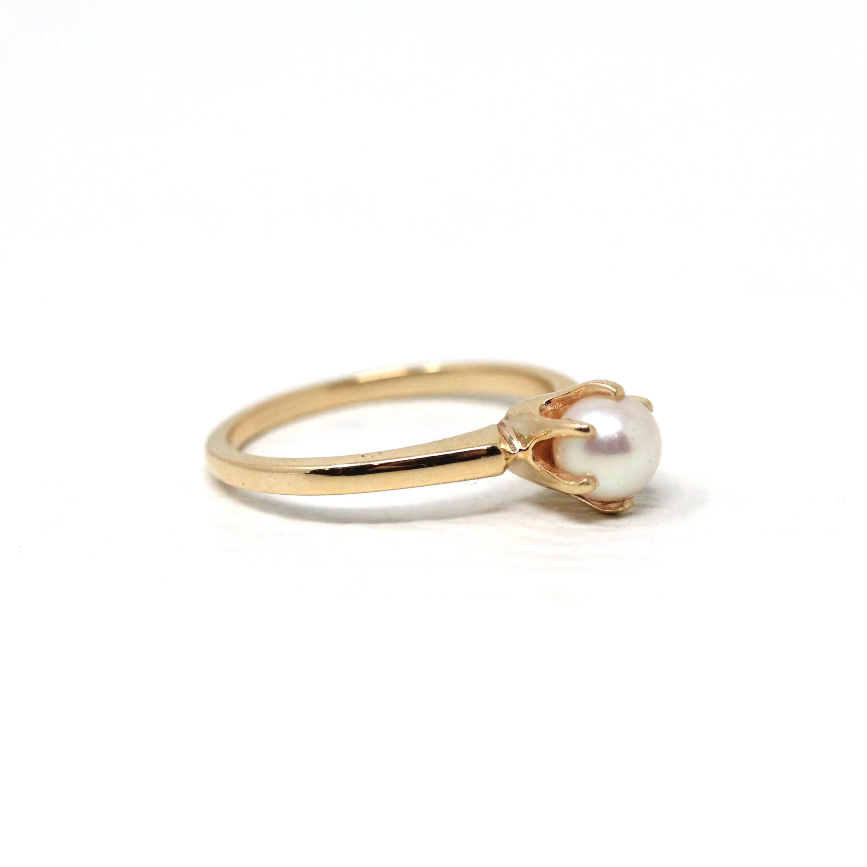 Cultured Pearl Ring - Retro 10k Yellow Gold 5.2 mm Solitaire Gemstone - Vintage Circa 1960s Era Size 5.5 Fine Baden & Foss Statement Jewelry