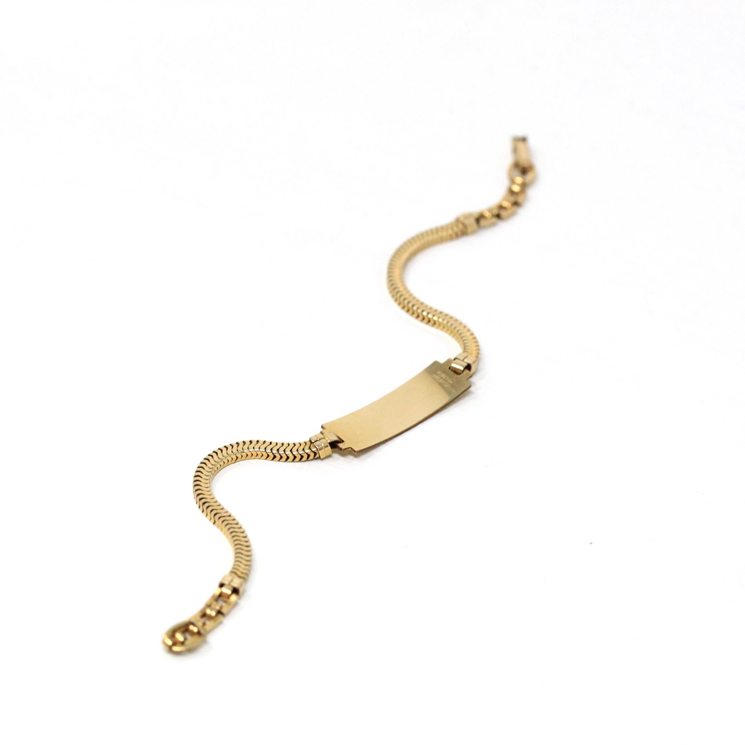 Vintage ID Bracelet - Retro 12k Gold Filled Snake Chain 6 1/2 Inches - Circa 1960s Era Blank Nameplate Fold Over Box Clasp Petite Jewelry