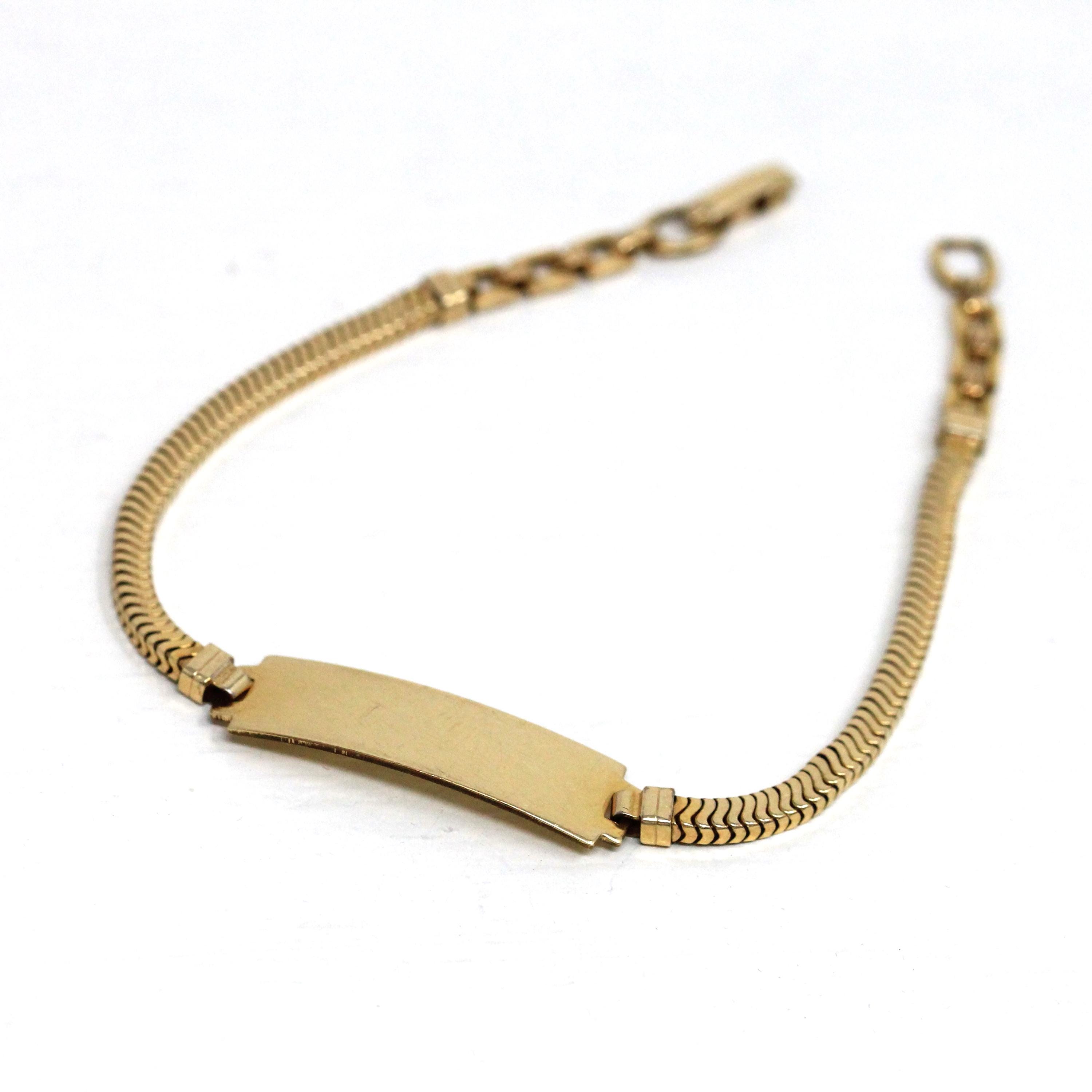 Vintage ID Bracelet - Retro 12k Gold Filled Snake Chain 6 1/2 Inches - Circa 1960s Era Blank Nameplate Fold Over Box Clasp Petite Jewelry
