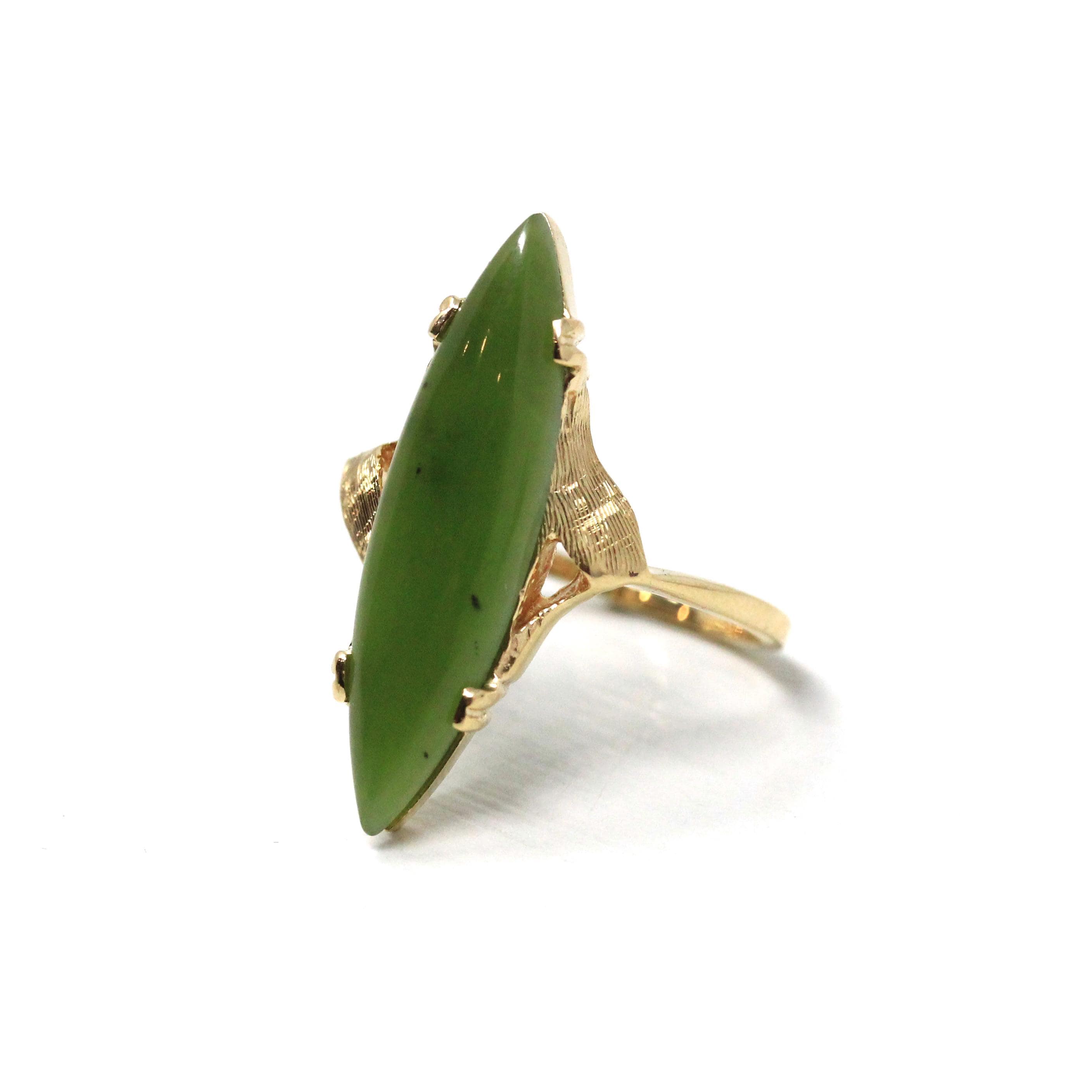 Nephrite Jade Ring - Retro 14k Yellow Gold Navette Cabochon Green Gemstone - Vintage Circa 1970s Era Size 7 Fine Bypass Statement Jewelry