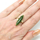 Nephrite Jade Ring - Retro 14k Yellow Gold Navette Cabochon Green Gemstone - Vintage Circa 1970s Era Size 7 Fine Bypass Statement Jewelry
