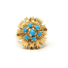 Turquoise Cluster Ring - Vintage 18k Yellow Gold Blue Floral Halo Statement - Retro Era 1960s December Birthstone Domed Flower Fine Jewelry