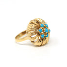 Turquoise Cluster Ring - Vintage 18k Yellow Gold Blue Floral Halo Statement - Retro Era 1960s December Birthstone Domed Flower Fine Jewelry
