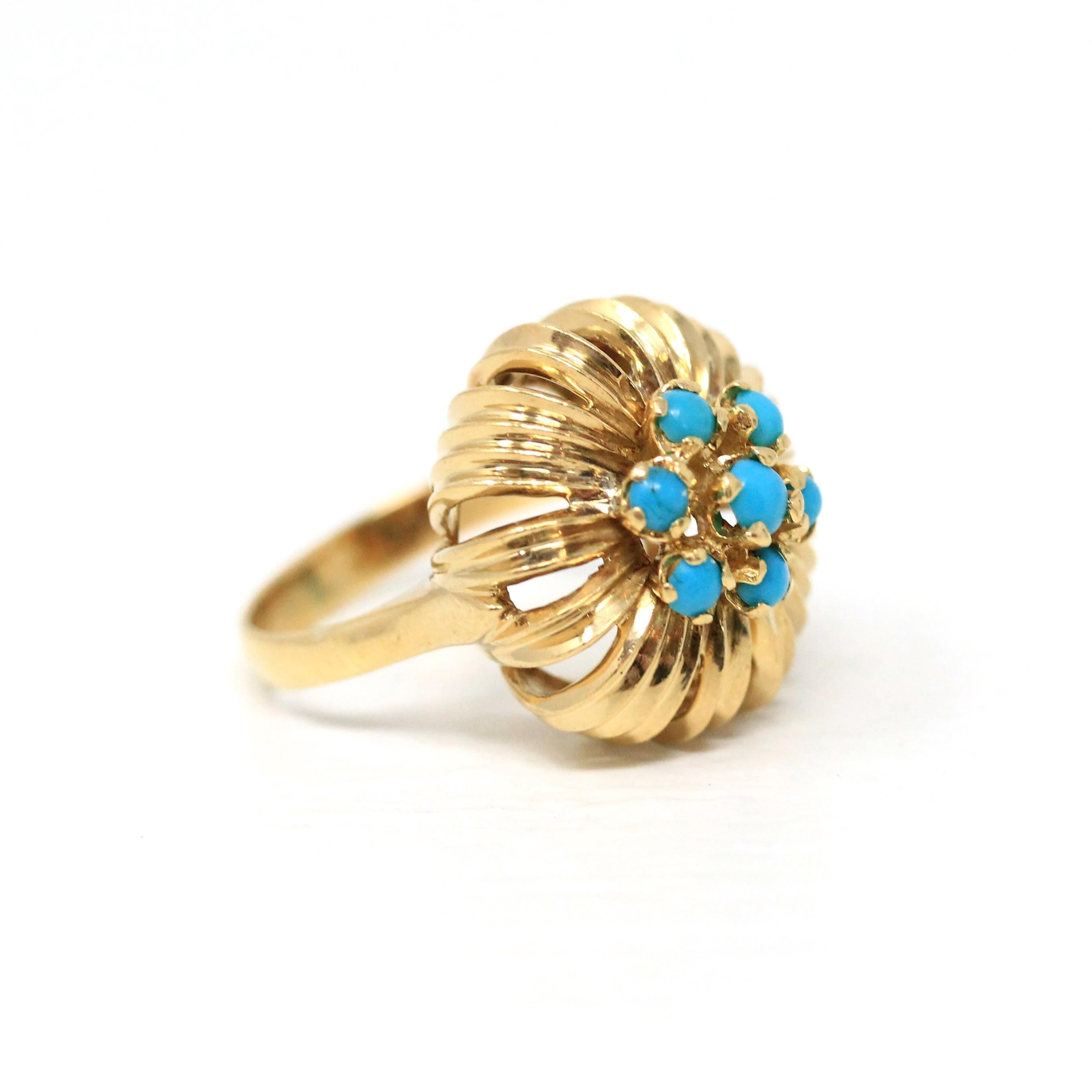 Turquoise Cluster Ring - Vintage 18k Yellow Gold Blue Floral Halo Statement - Retro Era 1960s December Birthstone Domed Flower Fine Jewelry