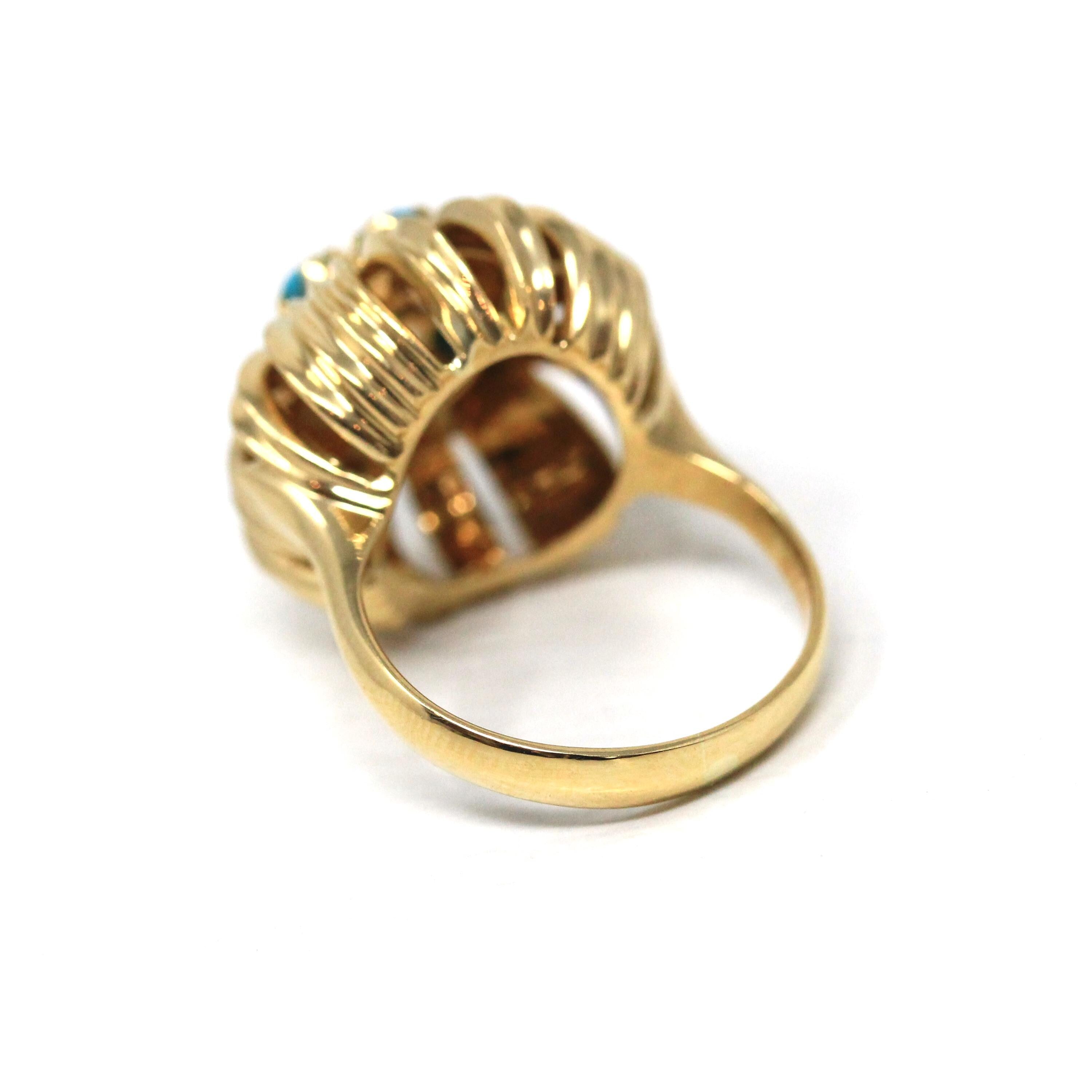 Turquoise Cluster Ring - Vintage 18k Yellow Gold Blue Floral Halo Statement - Retro Era 1960s December Birthstone Domed Flower Fine Jewelry