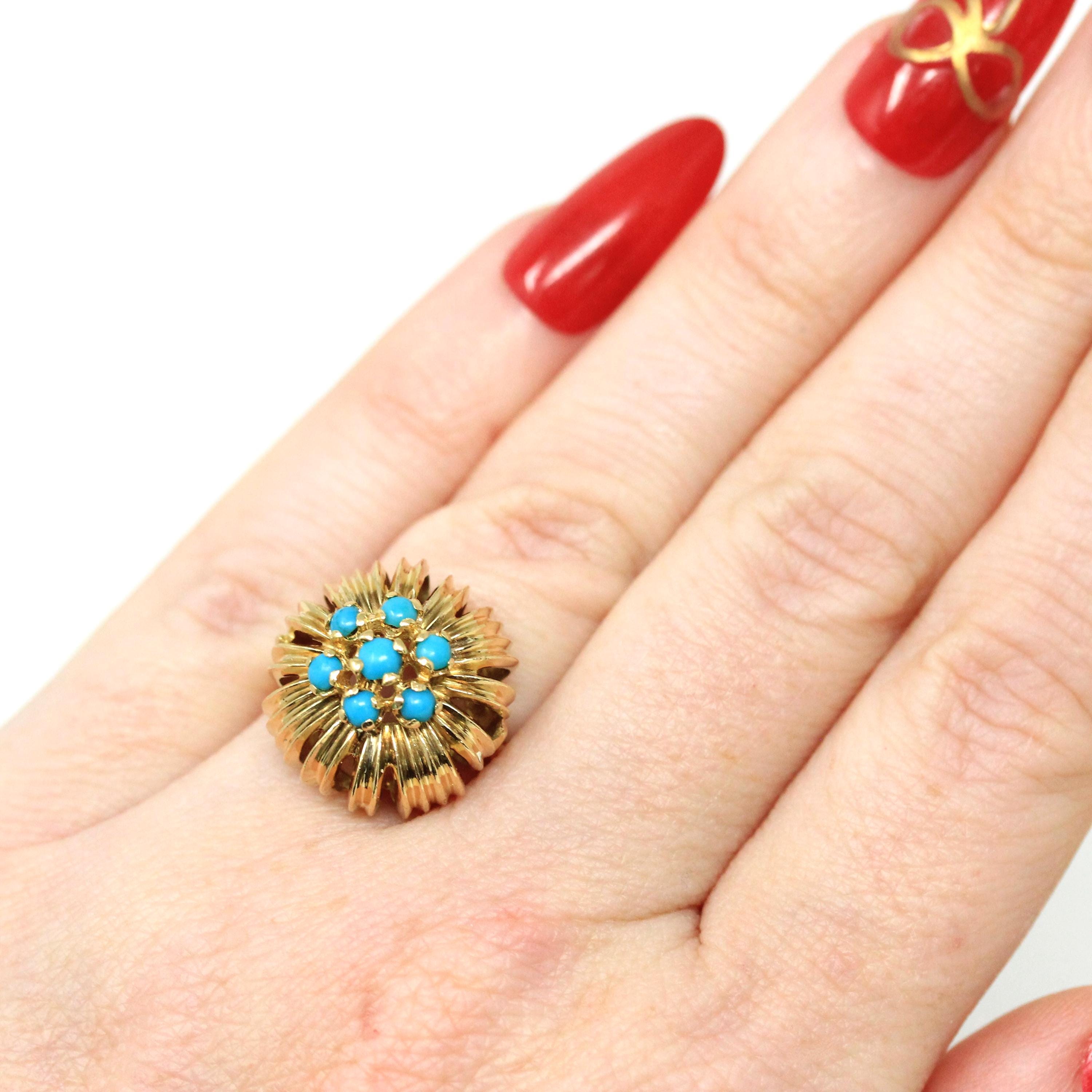Turquoise Cluster Ring - Vintage 18k Yellow Gold Blue Floral Halo Statement - Retro Era 1960s December Birthstone Domed Flower Fine Jewelry