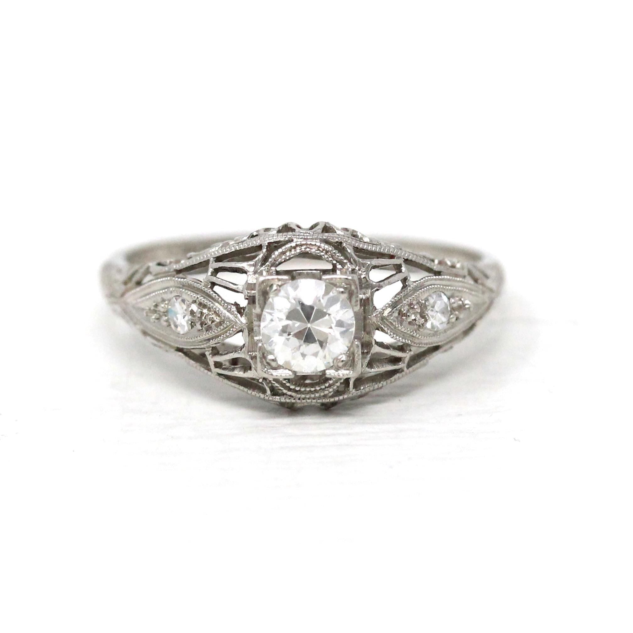 Art Deco Engagement Ring - Platinum Natural .35 CT Transitional Brilliant Cut Diamond - Antique Circa 1920s Era Size 7 Fine Filigree Jewelry