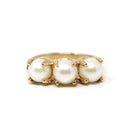 Three Stone Pearl Ring - Vintage 14k Yellow Gold Organic Cultured Gemstone Band - Modern Circa 1990s Era Size 6 June Birthstone Fine Jewelry