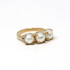 Three Stone Pearl Ring - Vintage 14k Yellow Gold Organic Cultured Gemstone Band - Modern Circa 1990s Era Size 6 June Birthstone Fine Jewelry