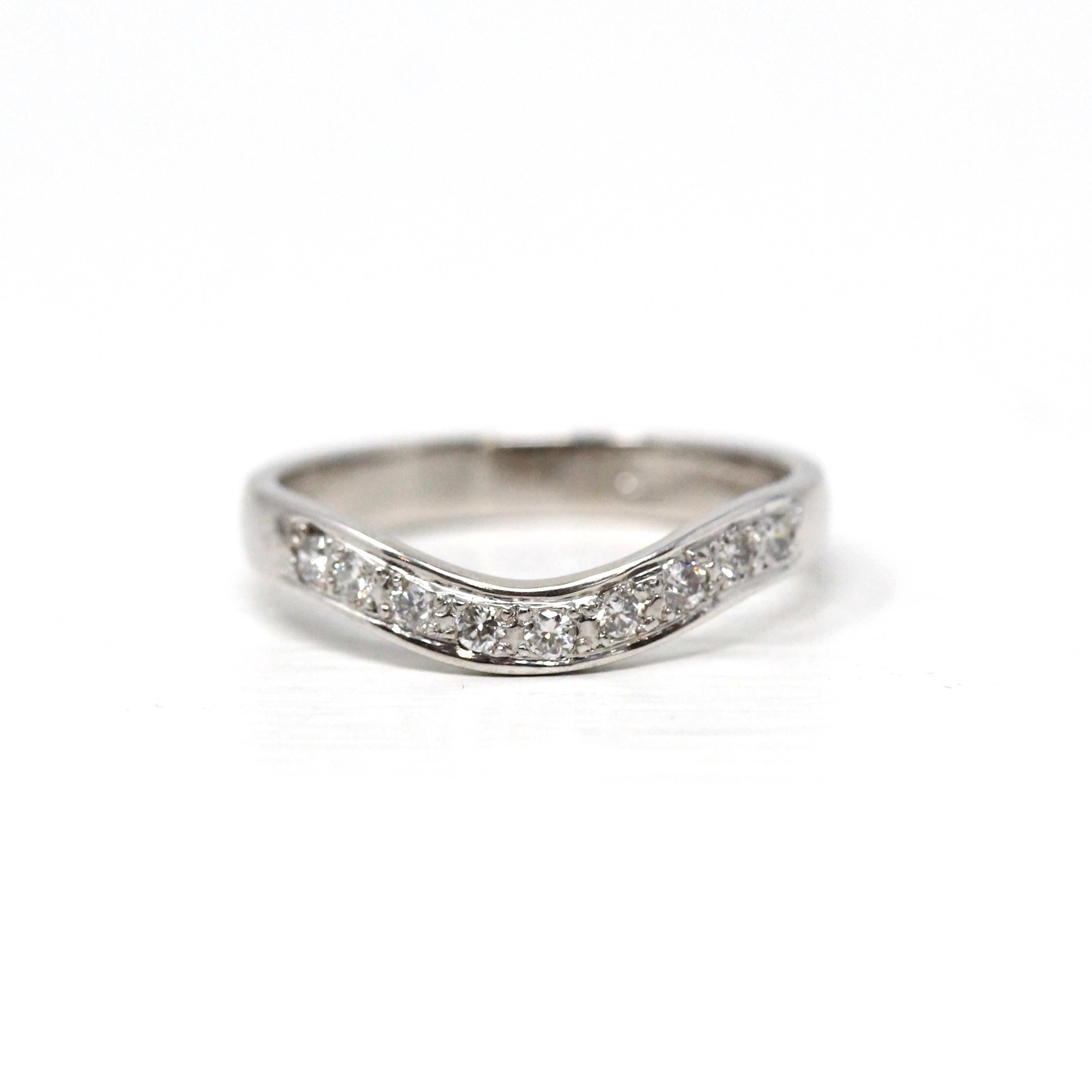 Curved Diamond Band - Modern Era 18k White Gold Natural Gemstones Wedding Ring - Estate Circa 2000's Size 6 1/2 Bridal Stacking Fine Jewelry