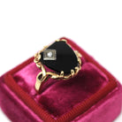 Vintage Onyx Ring - Retro 10k Yellow Gold Black Fancy Cut Gemstone - Circa 1940s Era Size 5.5 Natural Diamond Floral Statement Fine Jewelry
