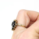 Vintage Onyx Ring - Retro 10k Yellow Gold Black Fancy Cut Gemstone - Circa 1940s Era Size 5.5 Natural Diamond Floral Statement Fine Jewelry