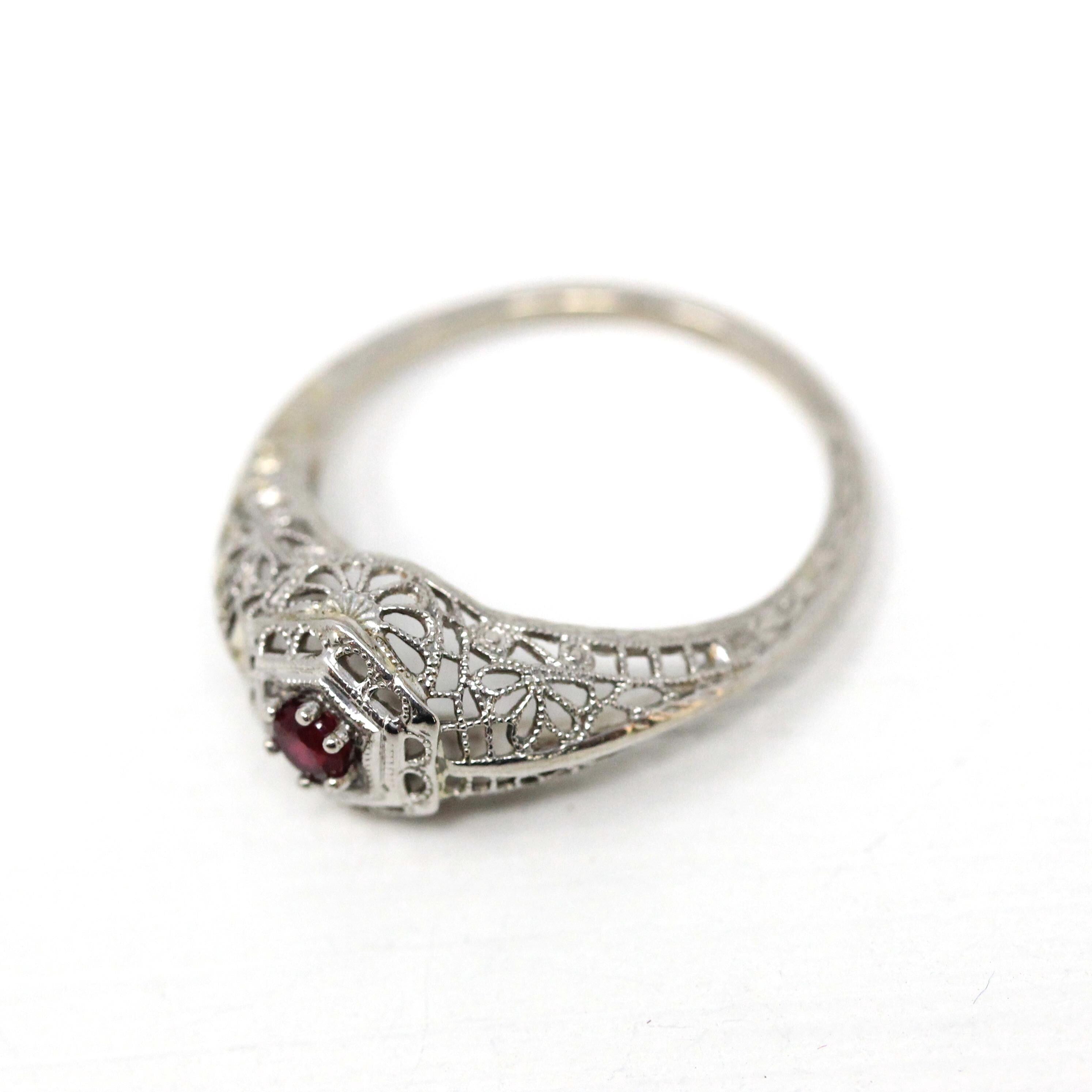 Ruby Filigree Ring - Art Deco Era 14k White Gold Round Faceted Red Corundum Gem - Circa 1930s Size 5.5 July Birthstone Fine Vintage Jewelry