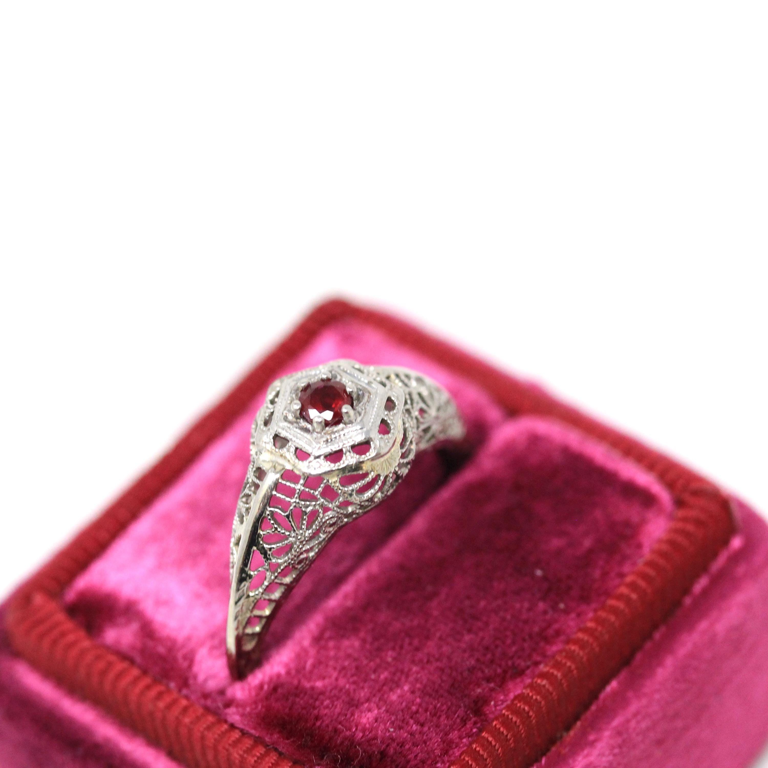 Ruby Filigree Ring - Art Deco Era 14k White Gold Round Faceted Red Corundum Gem - Circa 1930s Size 5.5 July Birthstone Fine Vintage Jewelry