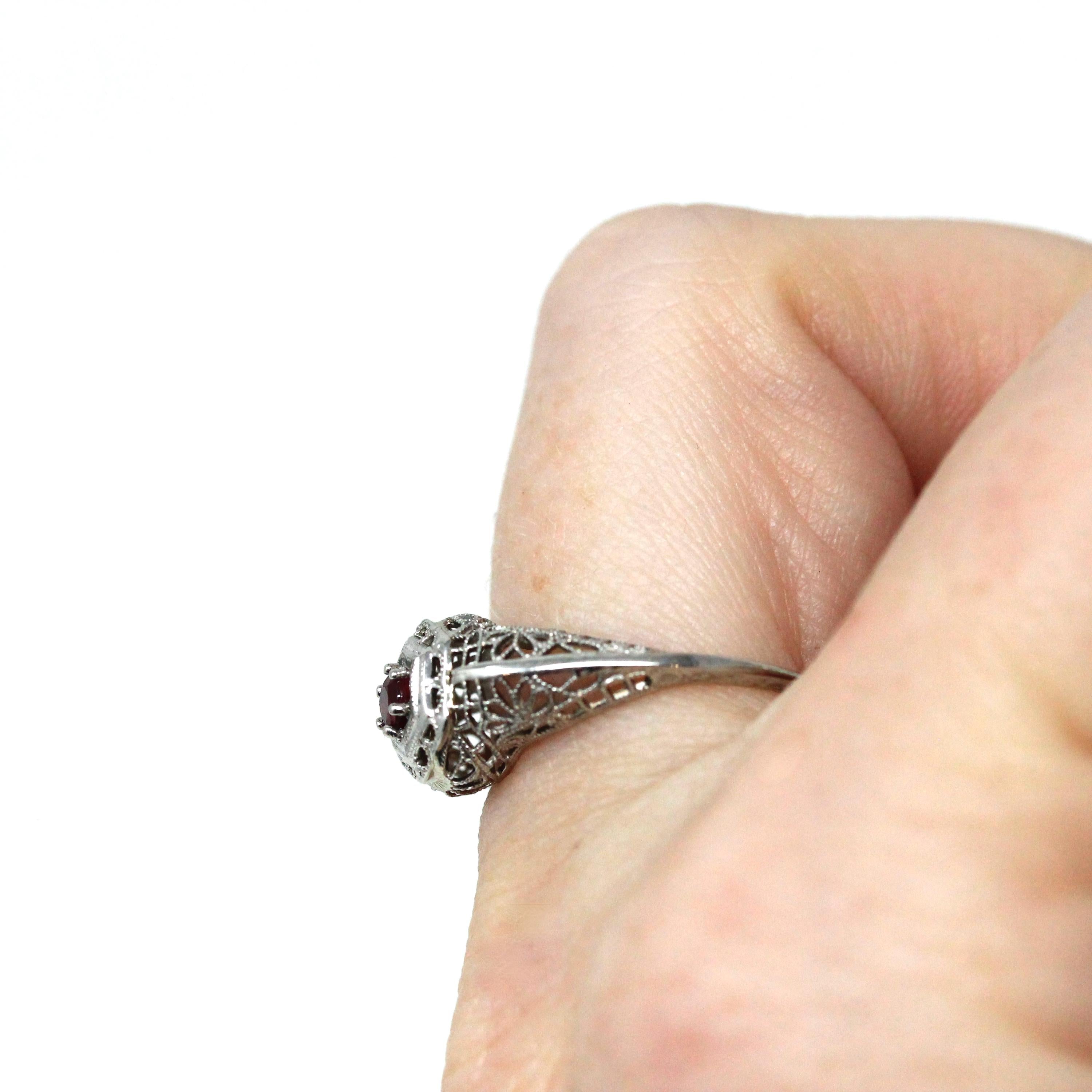 Ruby Filigree Ring - Art Deco Era 14k White Gold Round Faceted Red Corundum Gem - Circa 1930s Size 5.5 July Birthstone Fine Vintage Jewelry