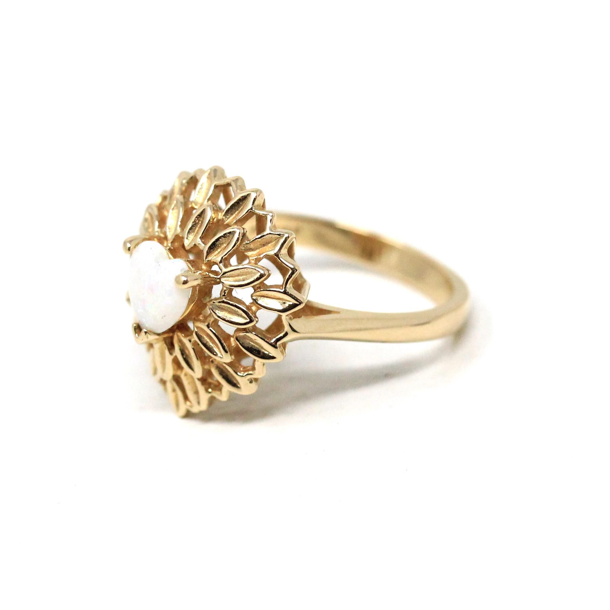 Opal Heart Ring - Modern 14k Yellow Gold Natural Gemstone Leaf Double Halo - Estate Circa 1990s Size 6 1/4 October Birthstone Fine Jewelry