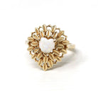 Opal Heart Ring - Modern 14k Yellow Gold Natural Gemstone Leaf Double Halo - Estate Circa 1990s Size 6 1/4 October Birthstone Fine Jewelry