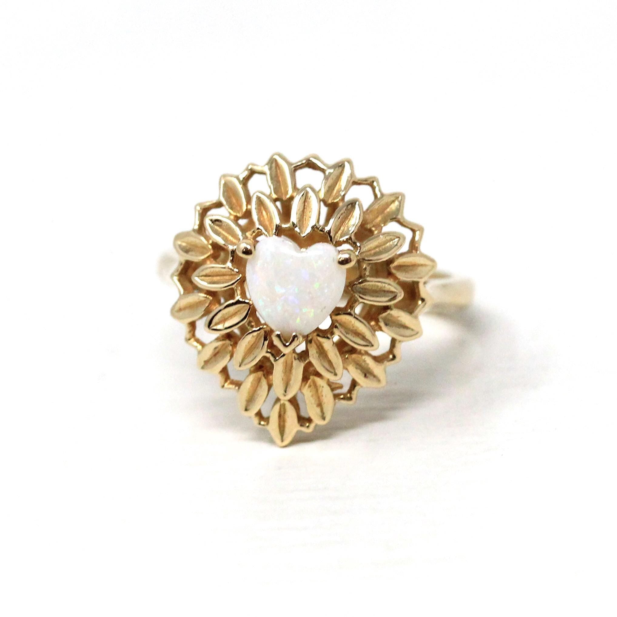 Opal Heart Ring - Modern 14k Yellow Gold Natural Gemstone Leaf Double Halo - Estate Circa 1990s Size 6 1/4 October Birthstone Fine Jewelry