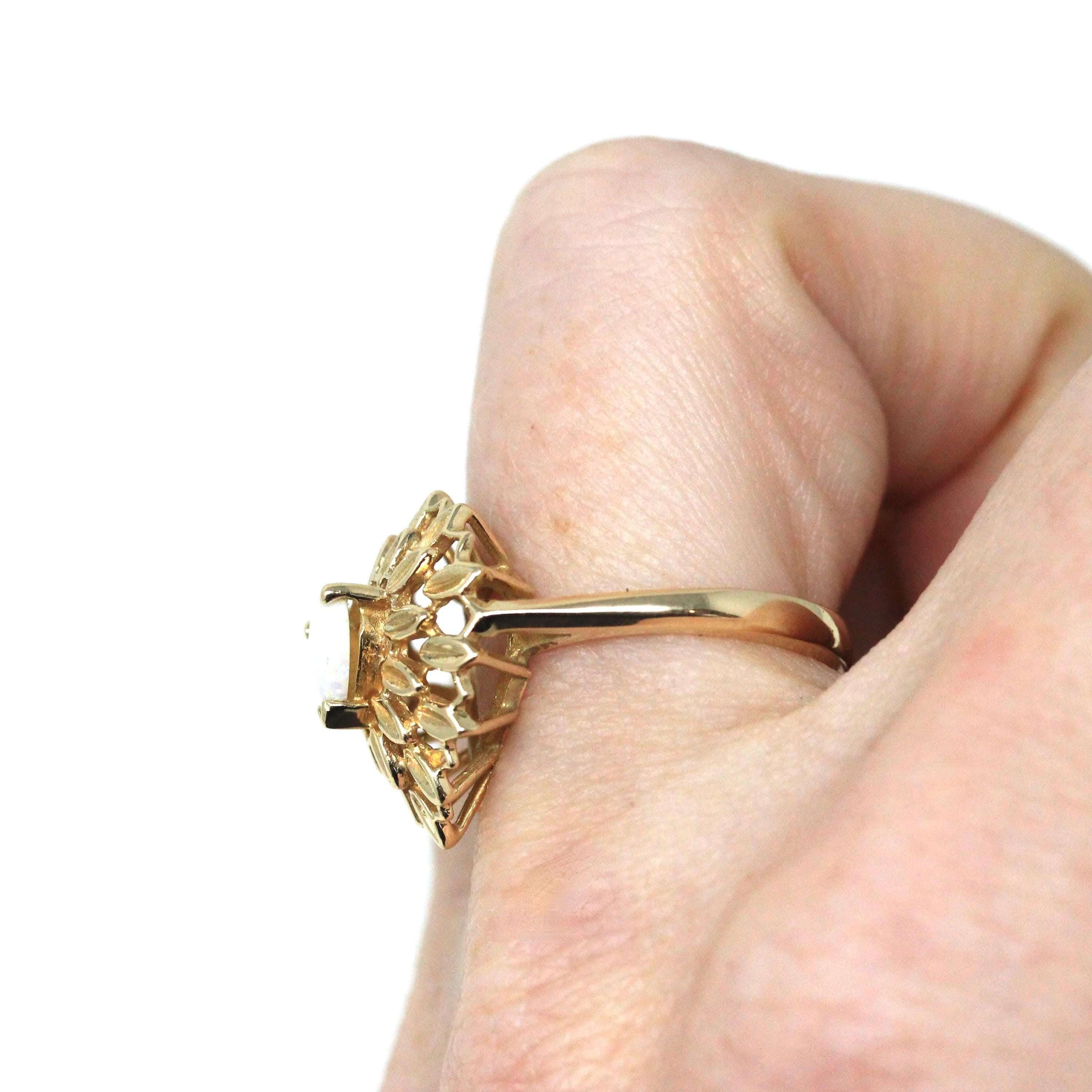 Opal Heart Ring - Modern 14k Yellow Gold Natural Gemstone Leaf Double Halo - Estate Circa 1990s Size 6 1/4 October Birthstone Fine Jewelry