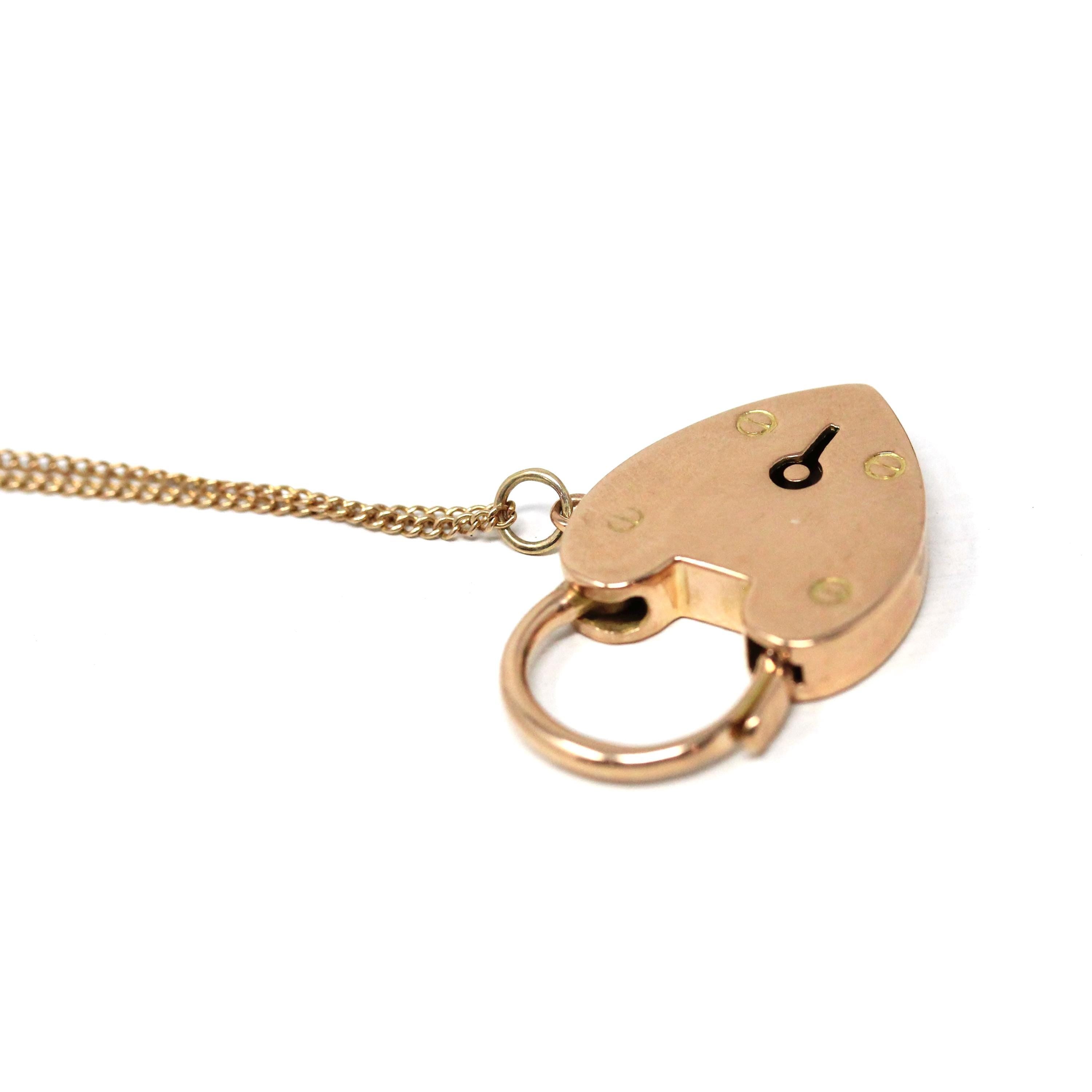 Vintage Padlock Necklace - Retro 15K Rosy Gold Heart Shaped Engraved Pendant - Dated 1976 Victorian Revival Style Fine Statement Jewelry