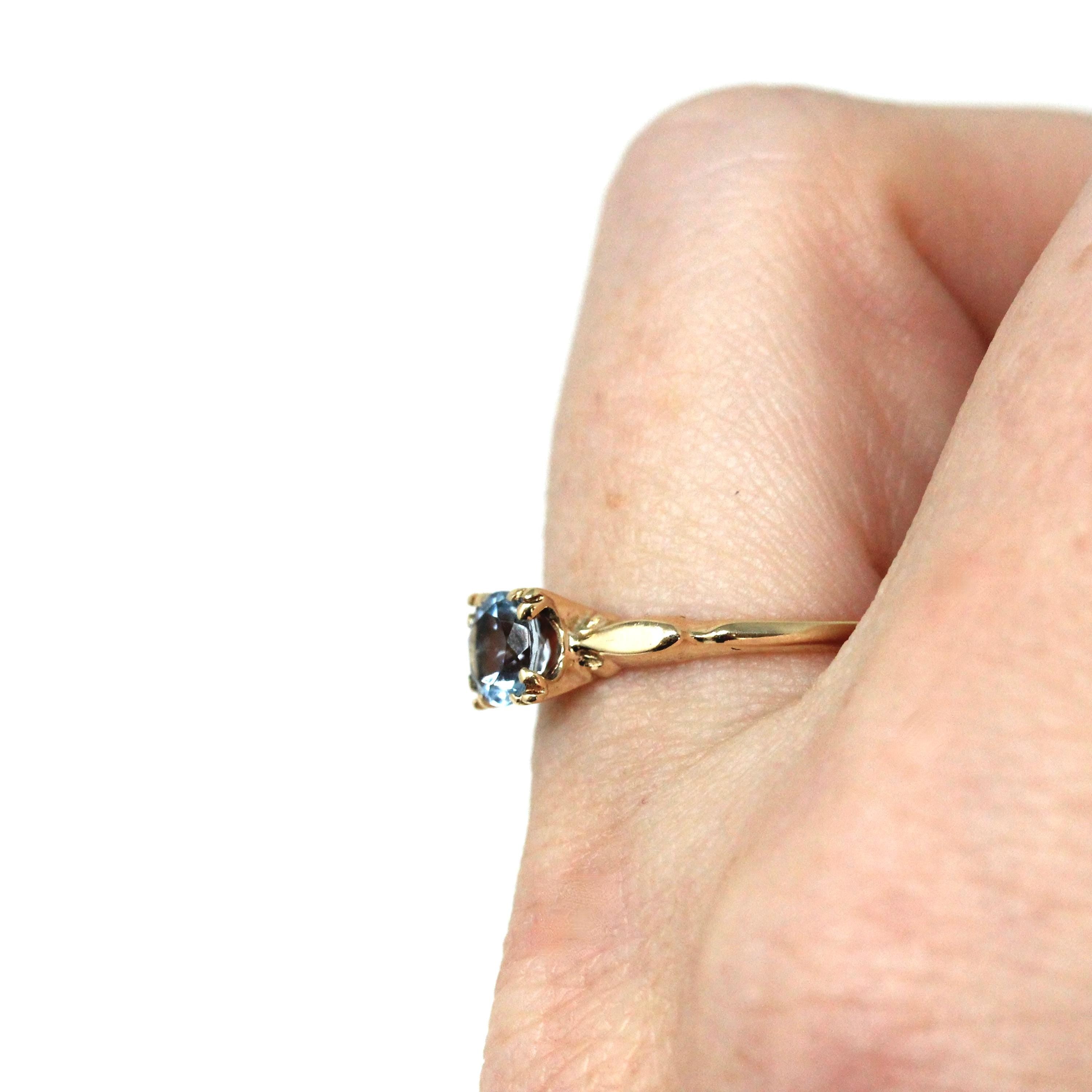Aquamarine Engagement Ring - Vintage 10k Yellow Gold Solitaire Blue Gemstone - Mid Century Size 6 1/2 Fine 1940s Alternative Bridal Jewelry