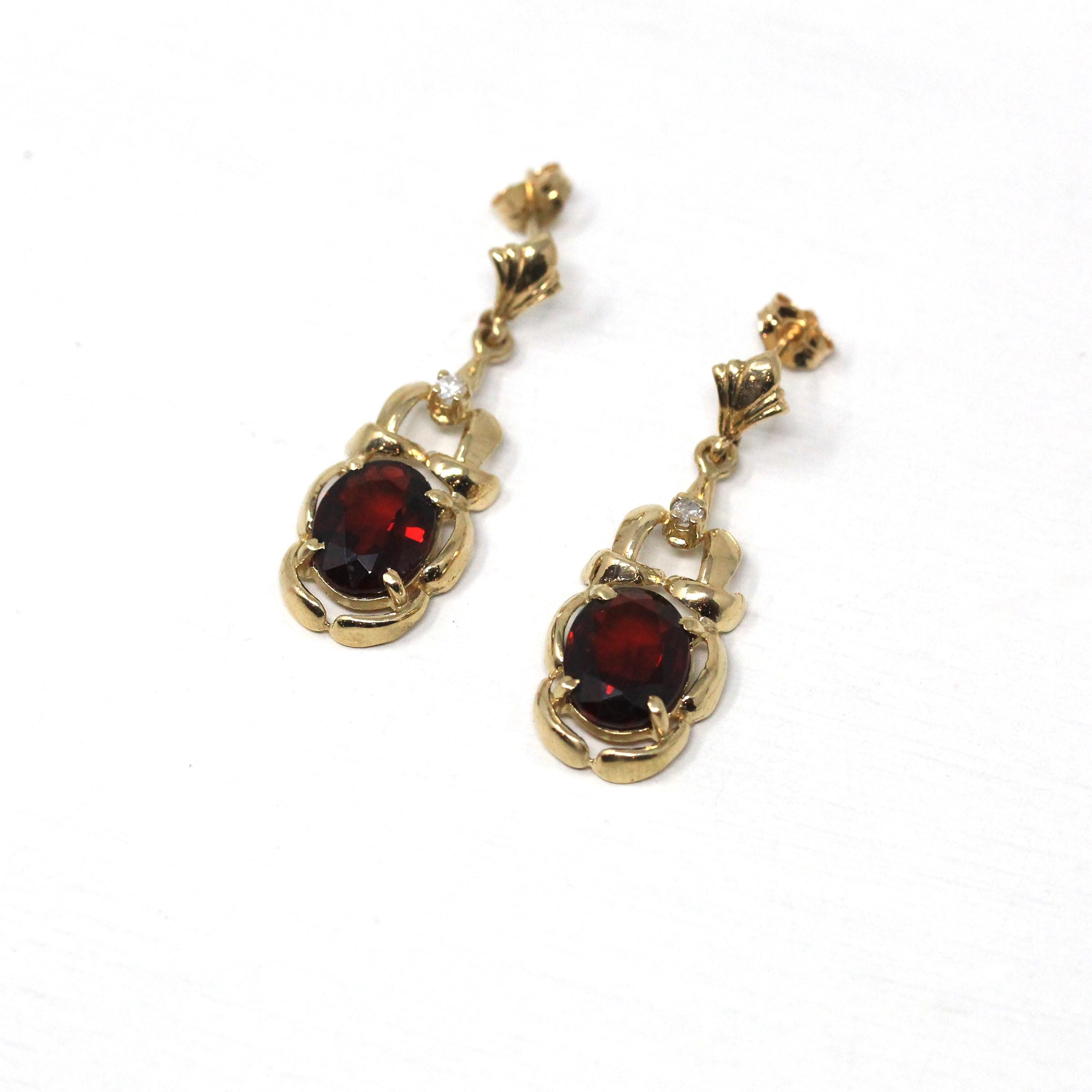 Garnet & Diamond Earrings - Estate 14k Yellow Gold Oval Faceted Red Gemstones - Pierced Post Dangle Drops Fine January Birthstone Jewelry