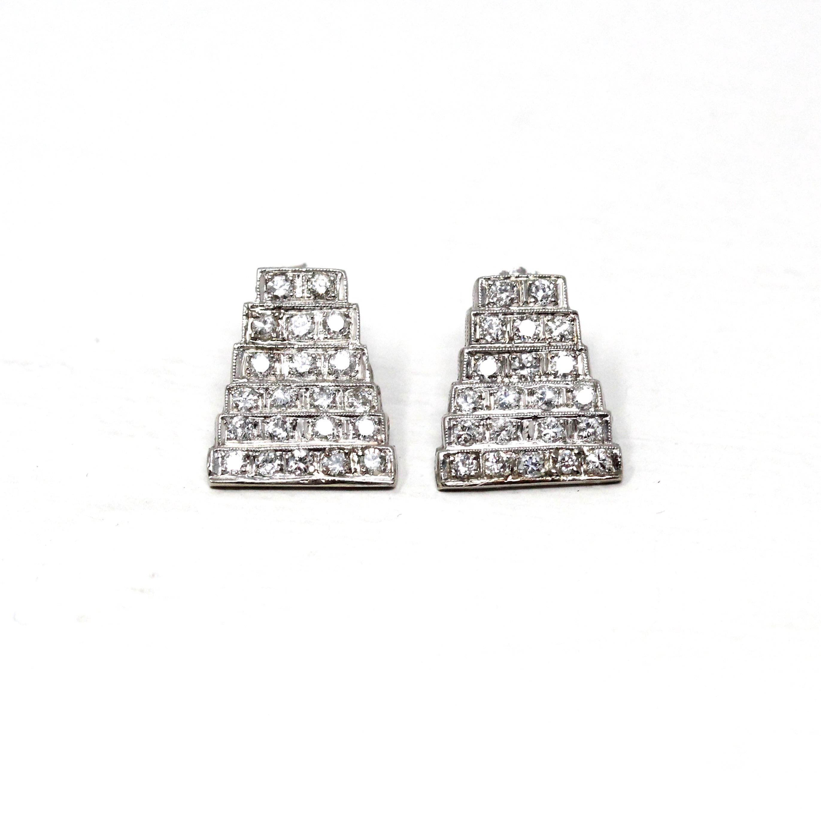 Diamond Conversion Earrings - Art Deco Platinum 1.05 CTW Diamond Geometric Shield Posts - Circa 1920s Fine Bridal Wedding Accessory Jewelry