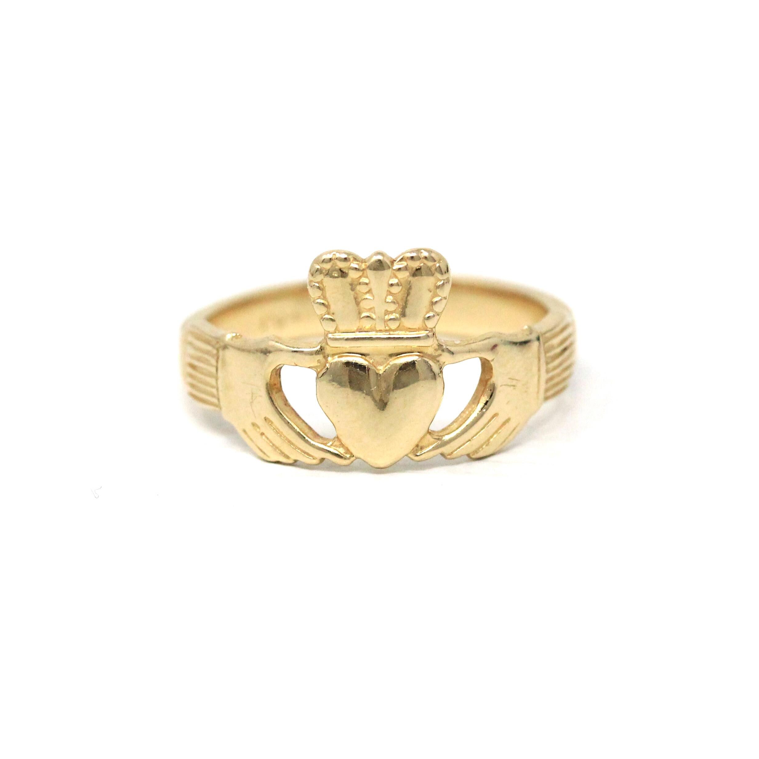Modern Claddagh Ring - Estate 14k Yellow Gold Heart Clasped Hand Crown - Size 5 1/2 Friendship Love Loyalty Irish Fine Statement Jewelry