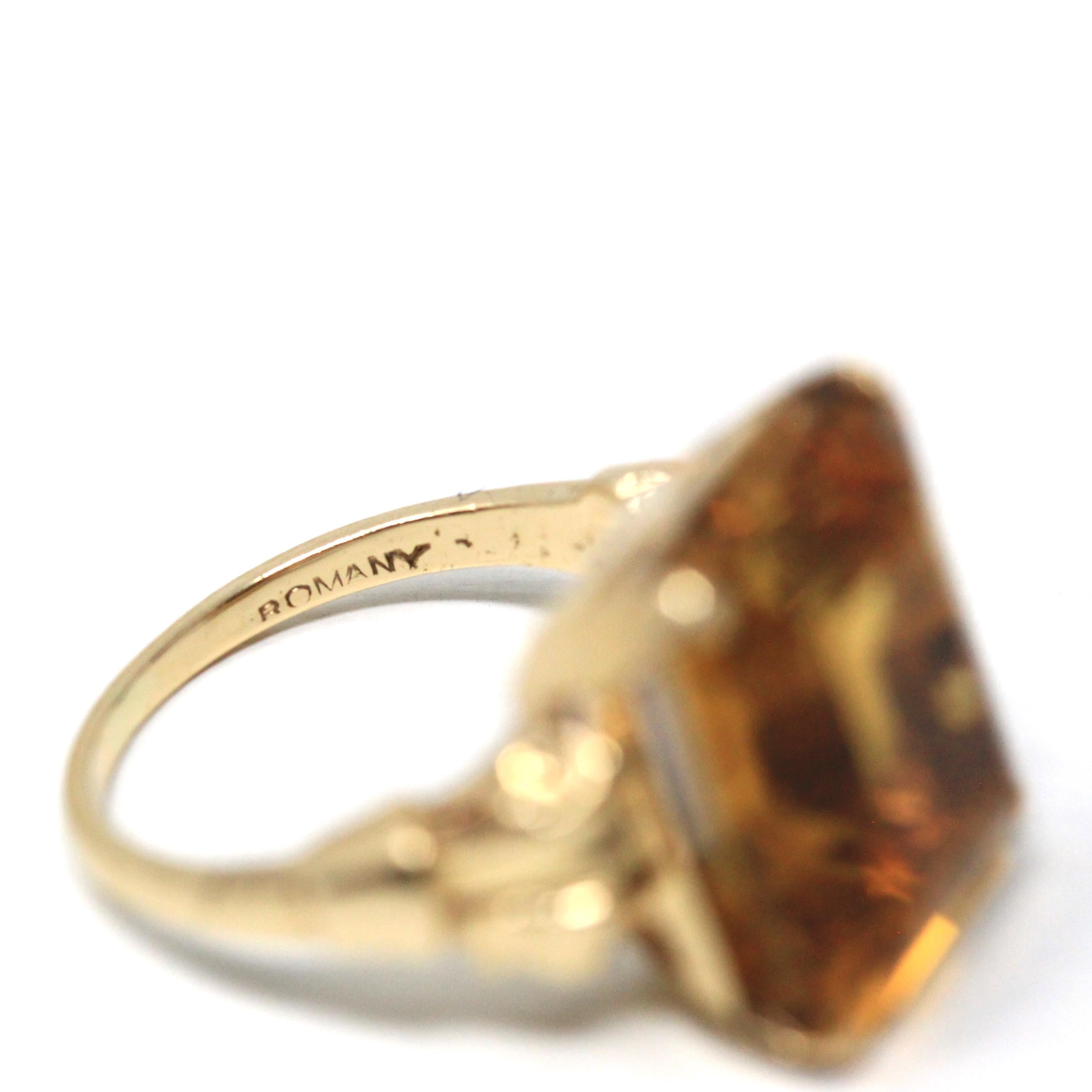Vintage Citrine Ring - Retro 14k Yellow Gold Emerald Cut Natural Orange Gemstone Statement Ring - Circa 1970s Size 5 Fine "Romany" Jewelry