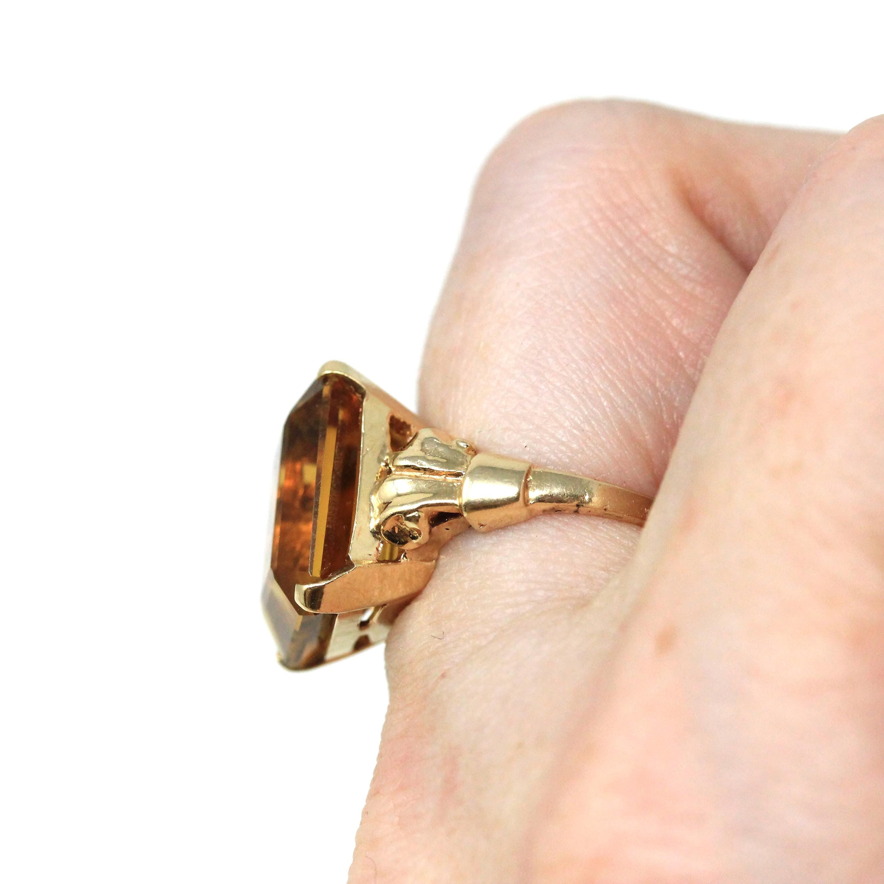 Vintage Citrine Ring - Retro 14k Yellow Gold Emerald Cut Natural Orange Gemstone Statement Ring - Circa 1970s Size 5 Fine "Romany" Jewelry