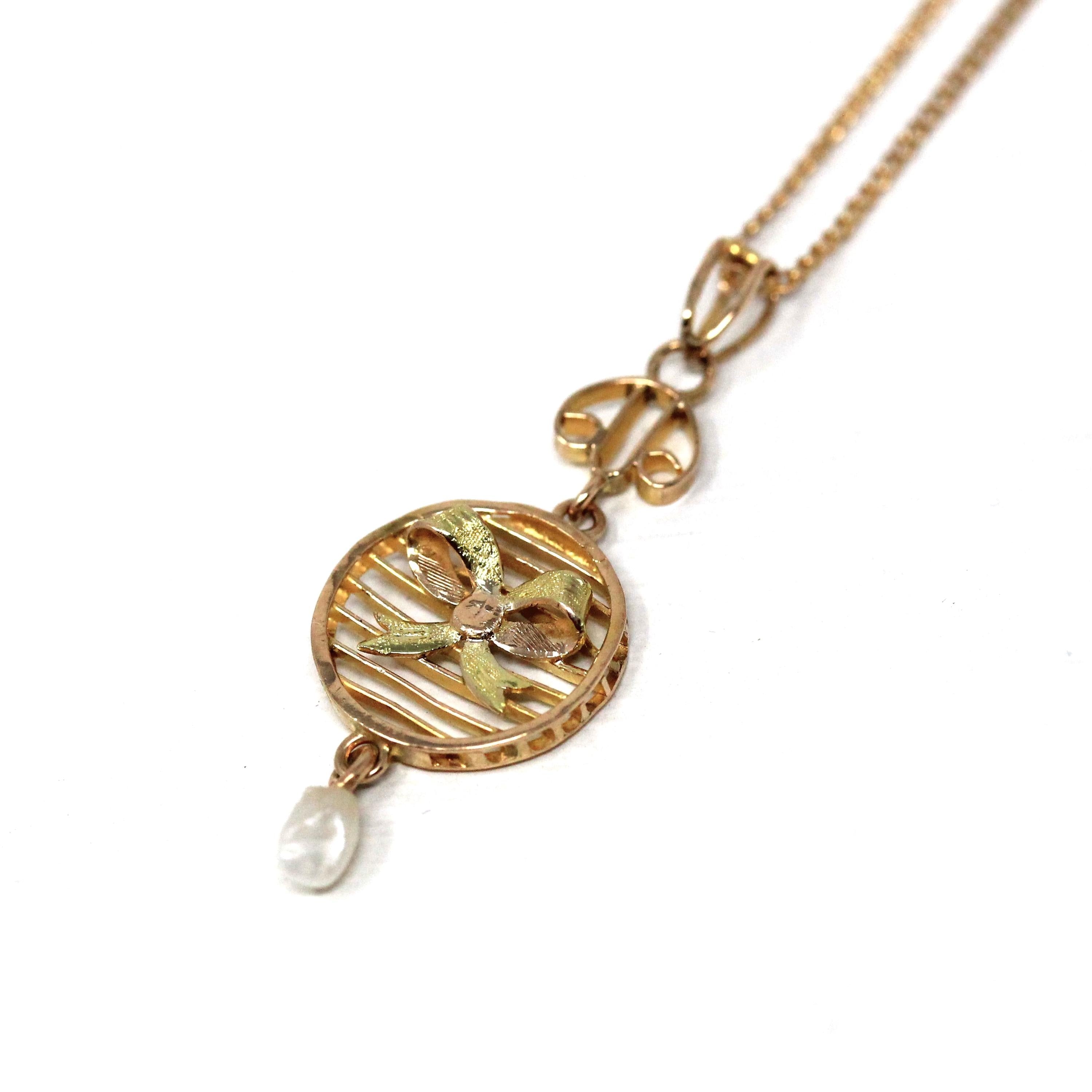 Antique Bow Lavalier - Edwardian 10k Yellow Gold Baroque Pearl Pendant Necklace - Vintage Circa 1910s Figural Ribbon Baroque Fine Jewelry