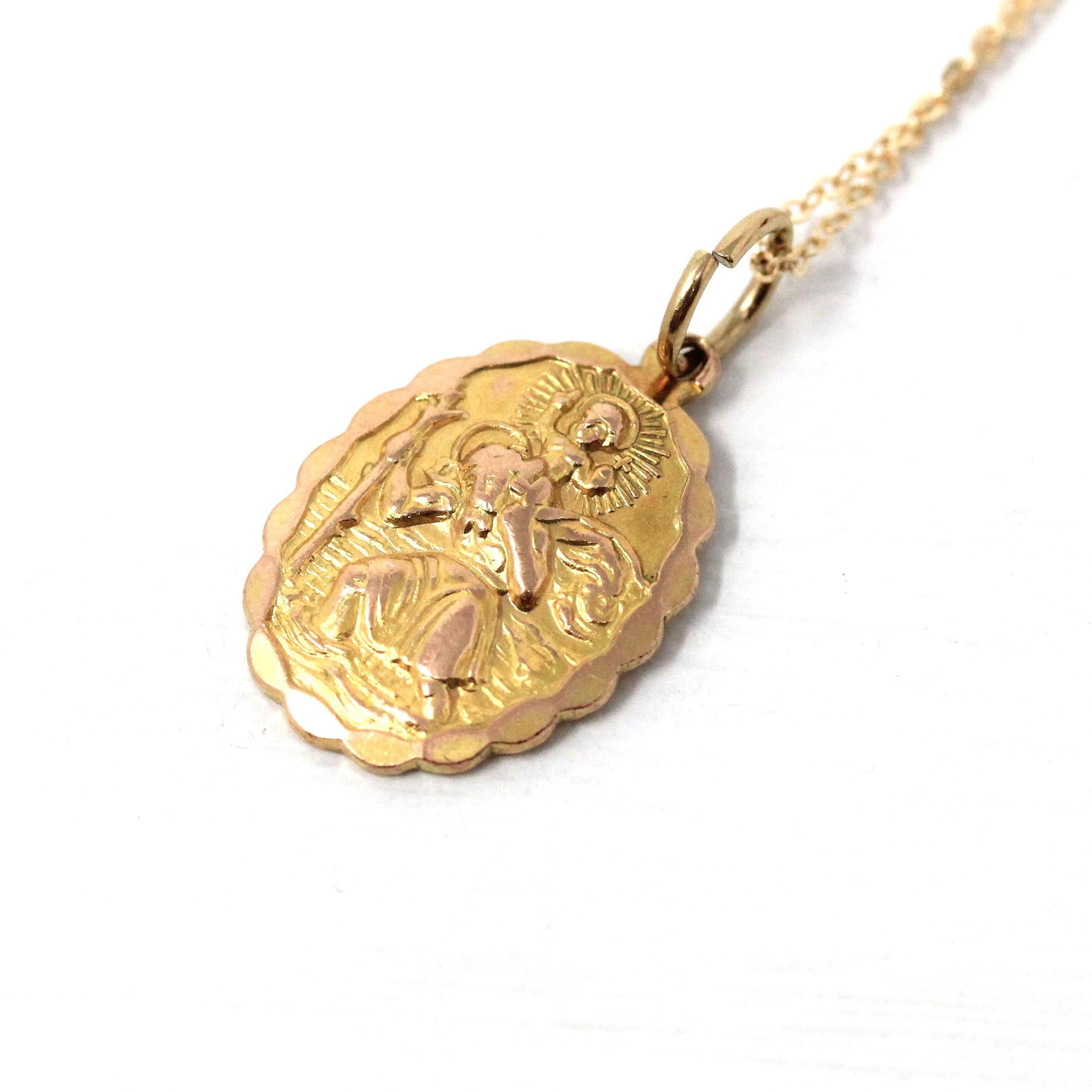 Saint Christopher Pendant - Retro 9k Yellow Gold Charm Necklace - Vintage 1970s Era Christian Patron Saint Of Travelers Georg Jensen Jewelry