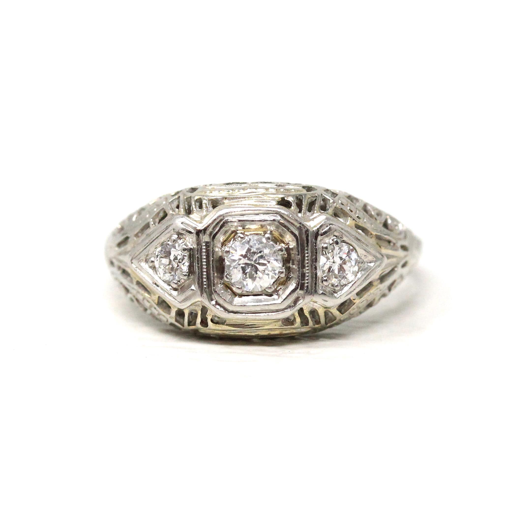 Art Deco Diamond Ring - Vintage 18k White Gold Natural .28 CTW Three Stone Filigree - Circa 1930s Era Size 6.75 Open Dome Metal Fine Jewelry