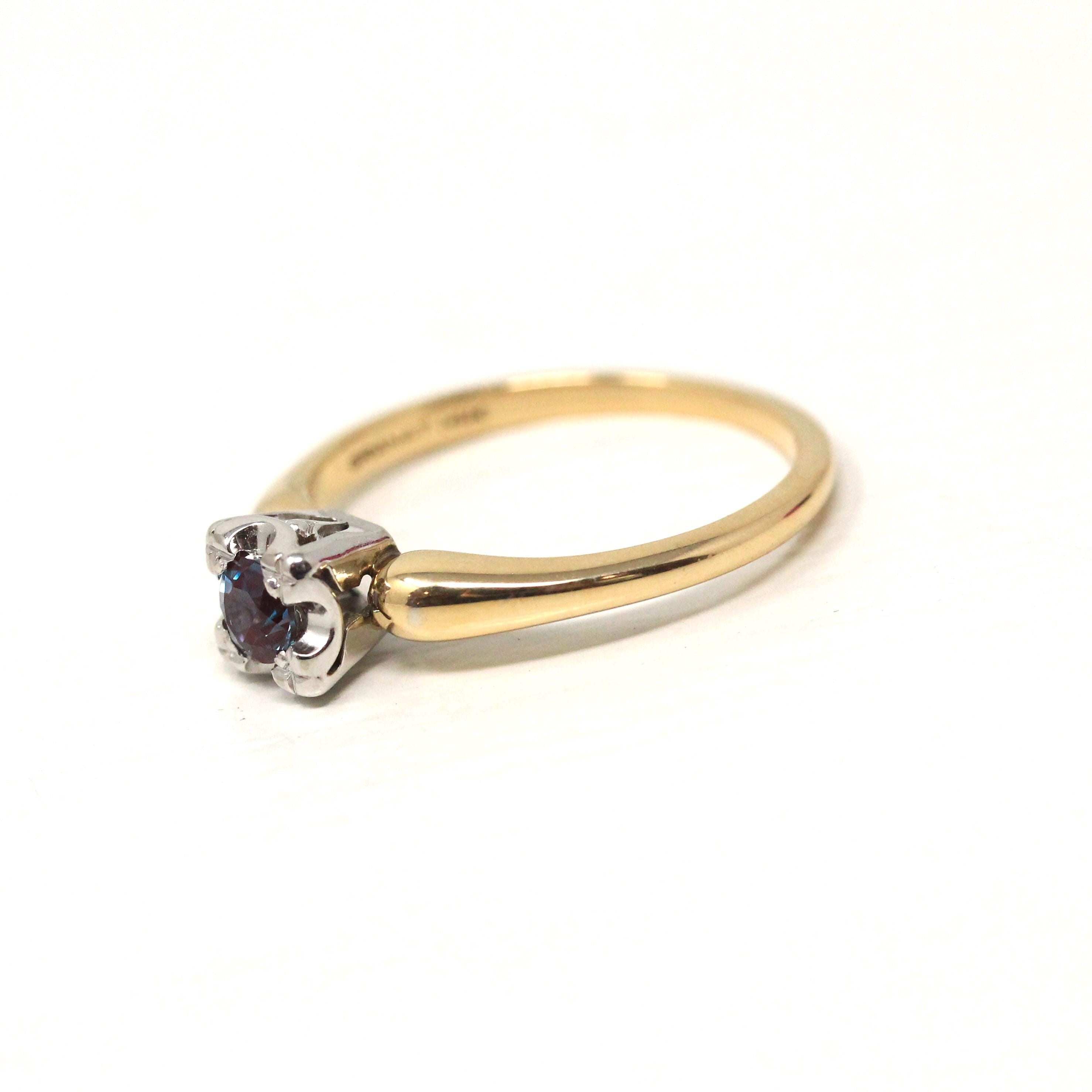 Vintage Engagement Ring - Retro Era 14k Yellow & White Gold Purple Blue Created Alexandrite Gem - Circa 1940s Size 6 Fine Two Tone Jewelry