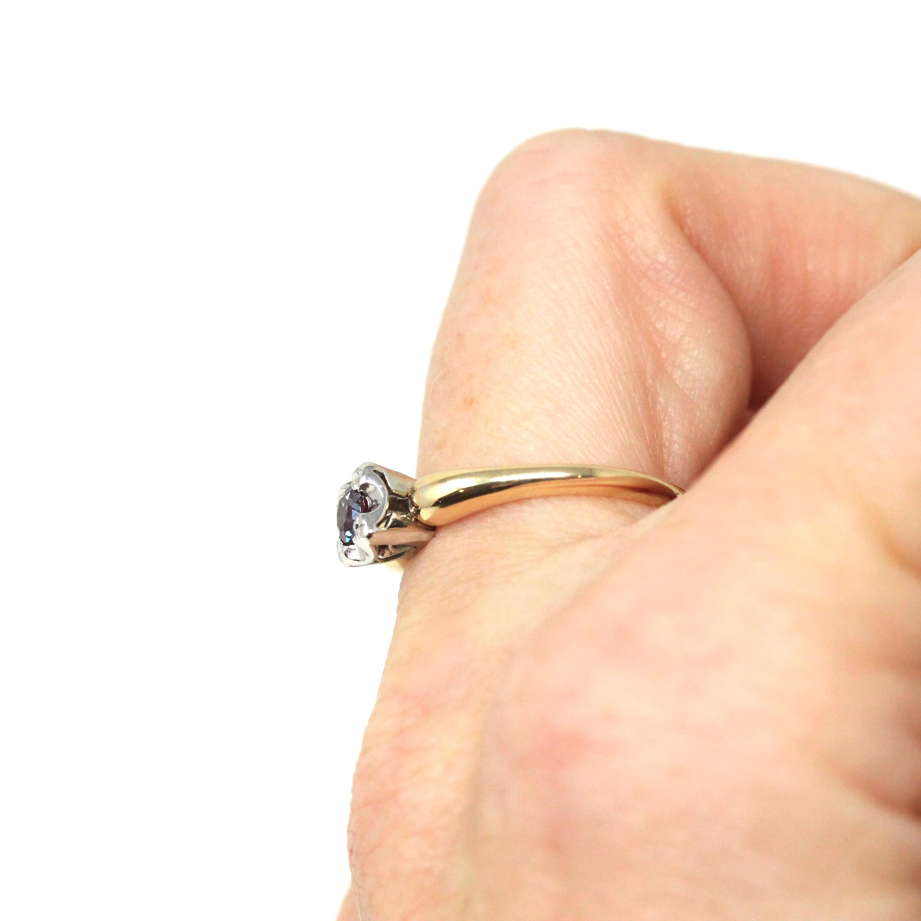 Vintage Engagement Ring - Retro Era 14k Yellow & White Gold Purple Blue Created Alexandrite Gem - Circa 1940s Size 6 Fine Two Tone Jewelry