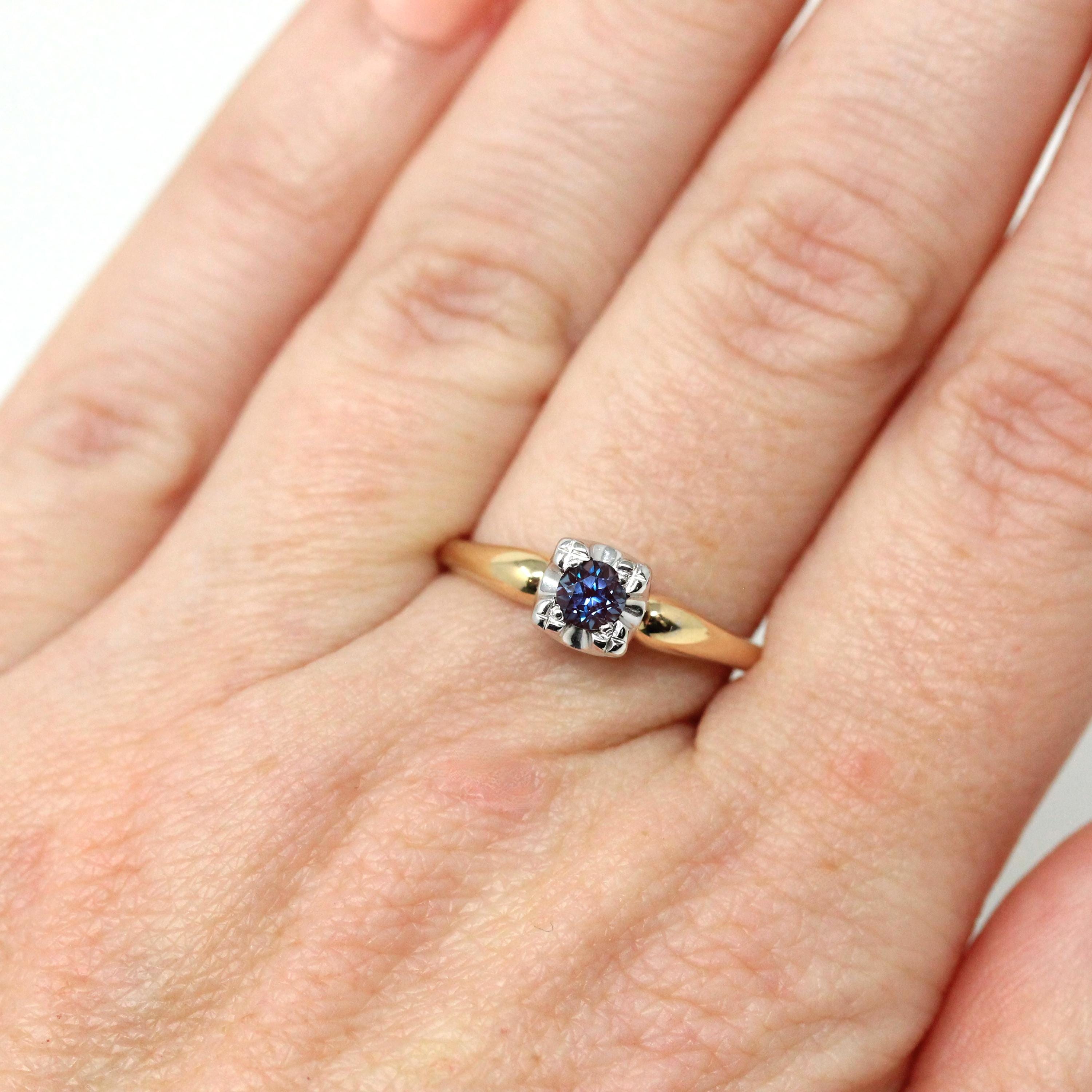 Vintage Engagement Ring - Retro Era 14k Yellow & White Gold Purple Blue Created Alexandrite Gem - Circa 1940s Size 6 Fine Two Tone Jewelry