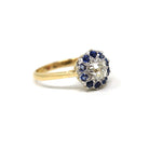Antique Halo Ring - Edwardian Era 18k Yellow Gold Platinum Natural Diamond & Sapphires - Circa Early 1900s Size 5 Fine Engagement Jewelry