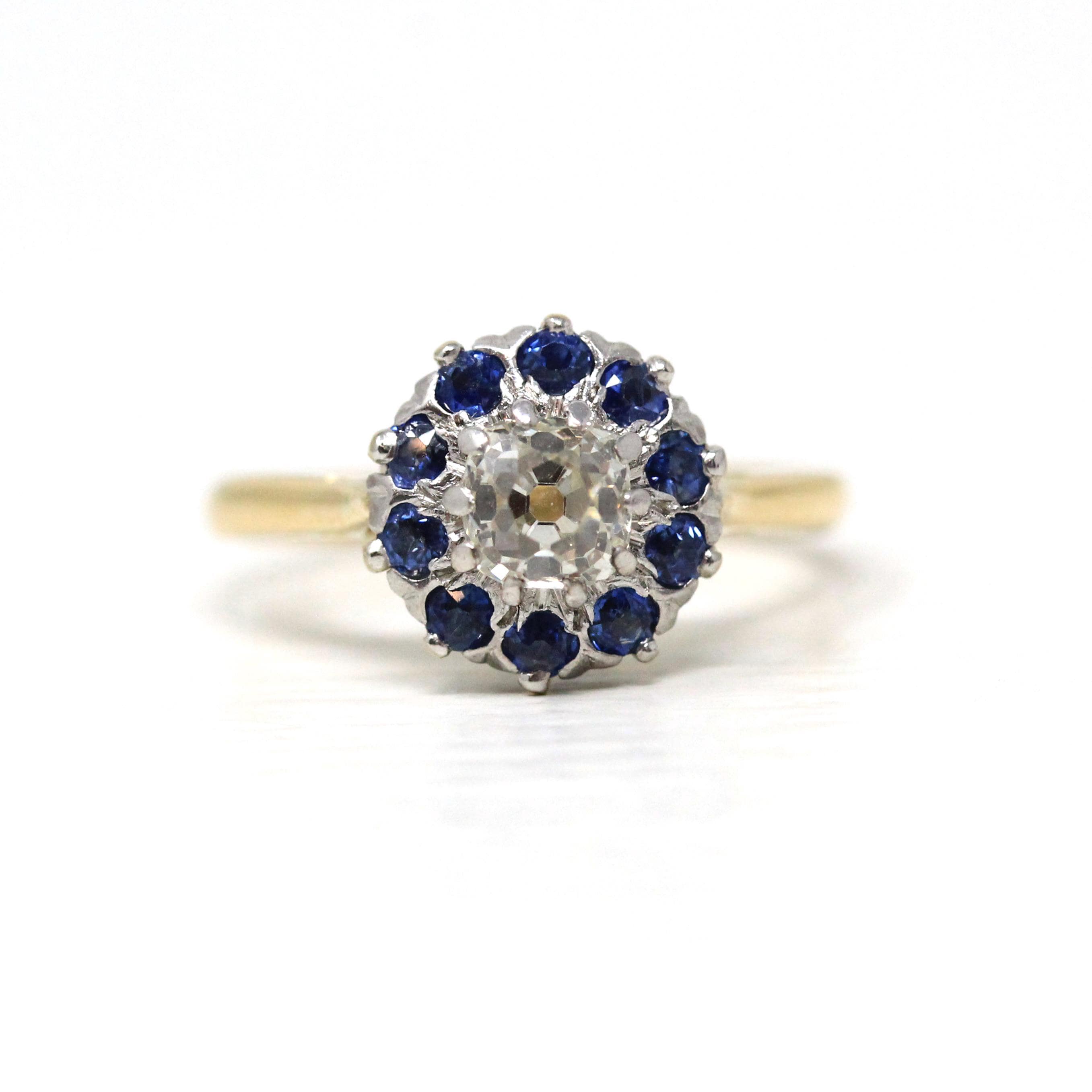 Antique Halo Ring - Edwardian Era 18k Yellow Gold Platinum Natural Diamond & Sapphires - Circa Early 1900s Size 5 Fine Engagement Jewelry